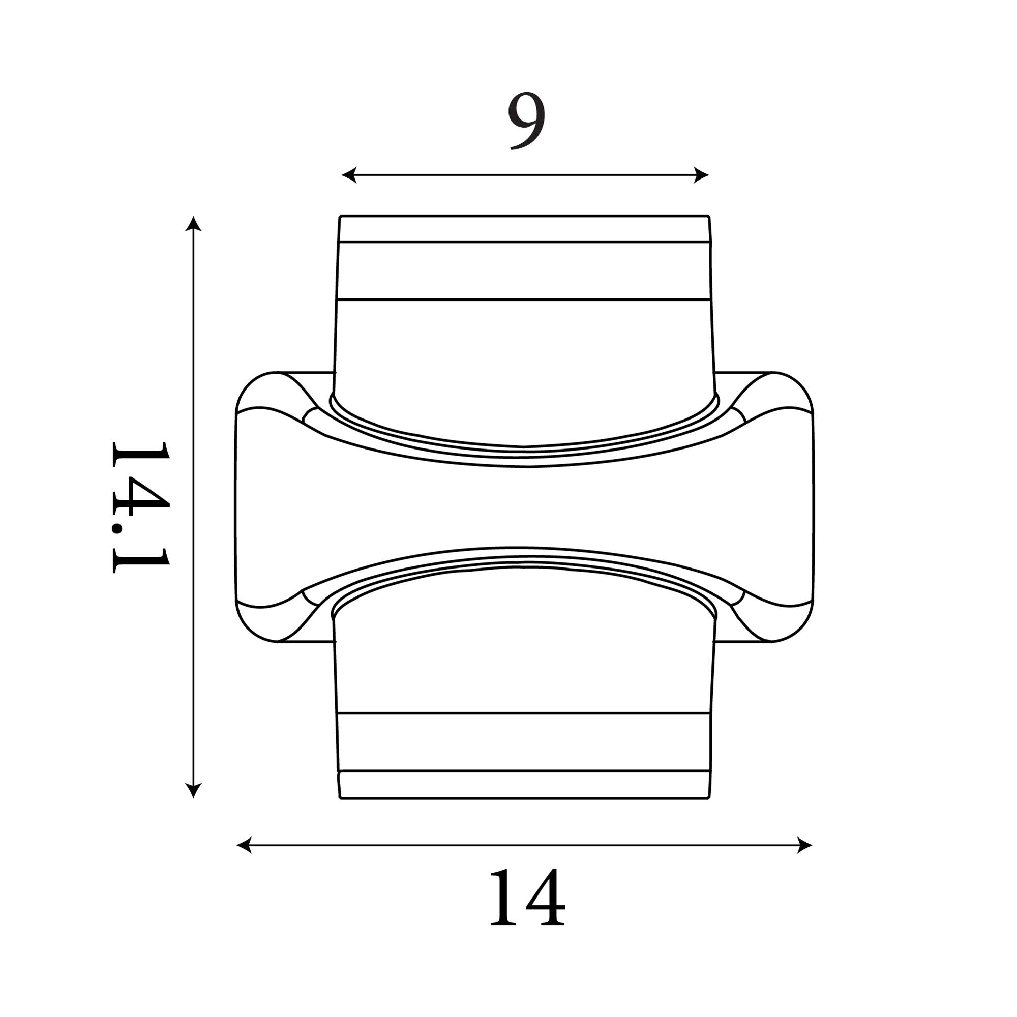 Line drawing of the Grip LED outdoor wall light showing dimensions of 14.1cm height and 9cm to 14cm width