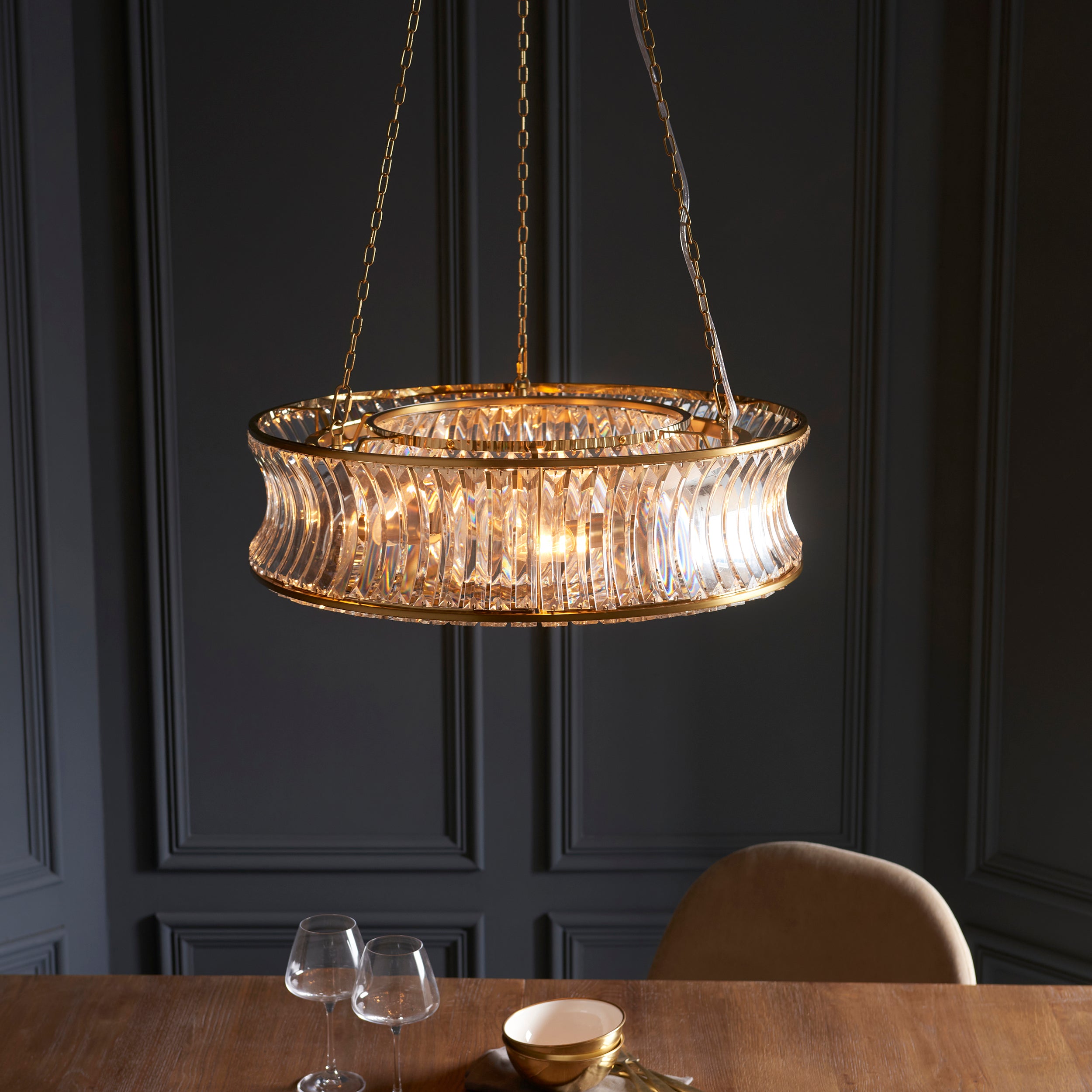Utopia Bow 6 Light Pendant - Warm Brass Plate with Crystal & Clear Glass