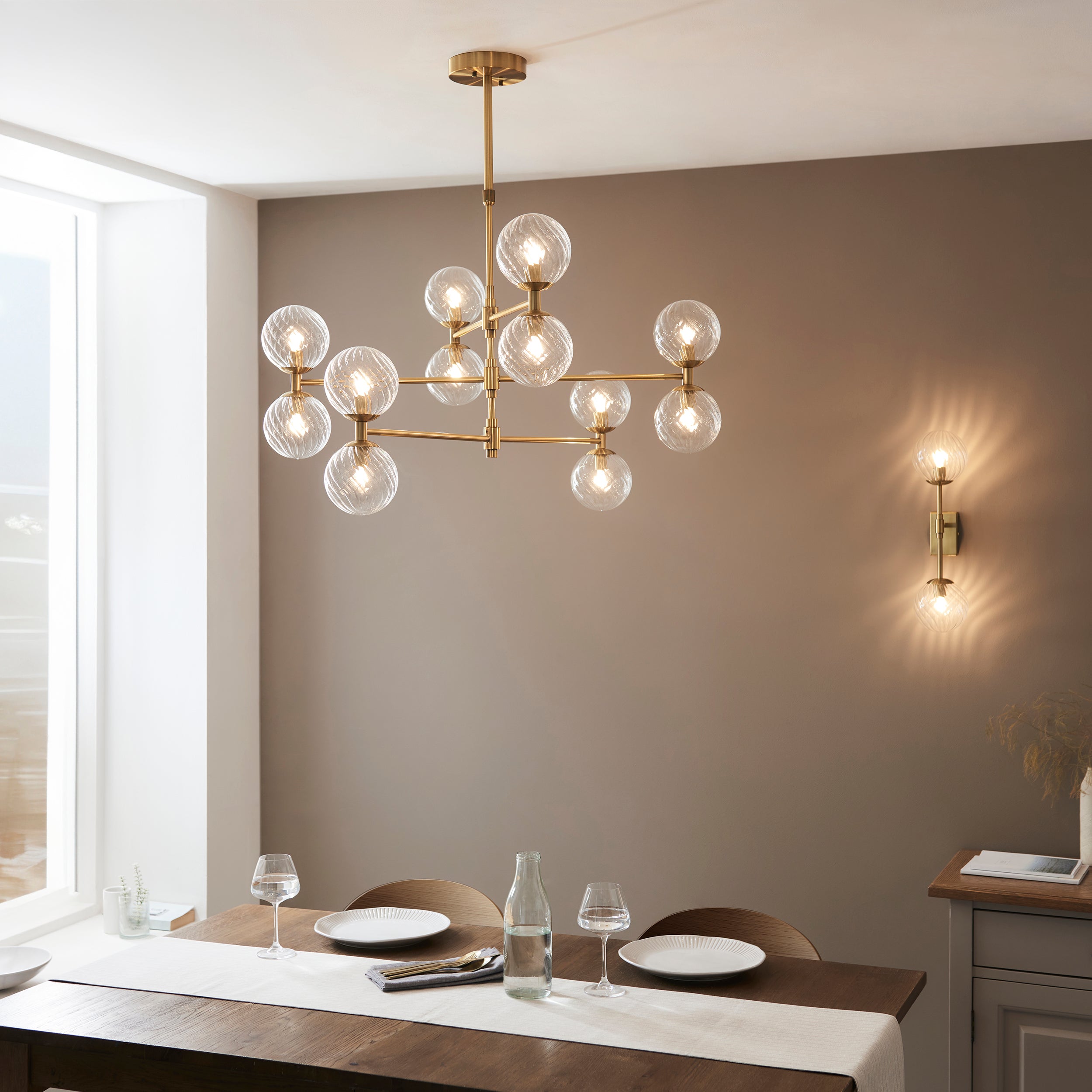 Utopia Atomic 12 Light Pendant - Brushed Aged Brass & Twisted Clear Glass