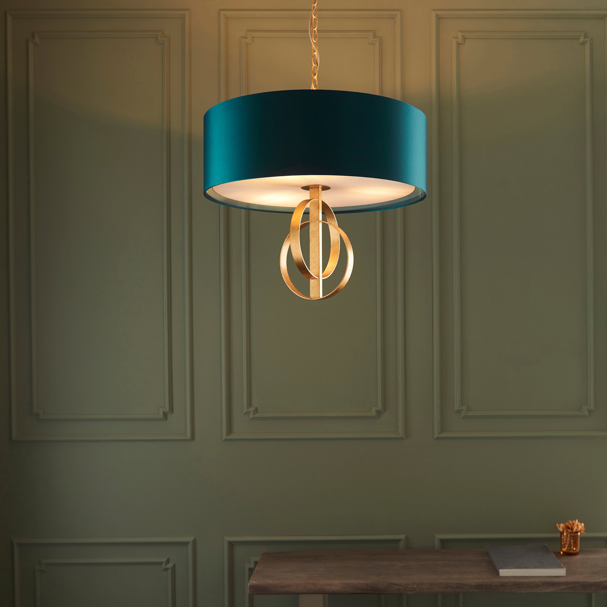 Utopia Interlink 3 Light Pendant - Antique Gold With Teal Shade - 60cm Diameter