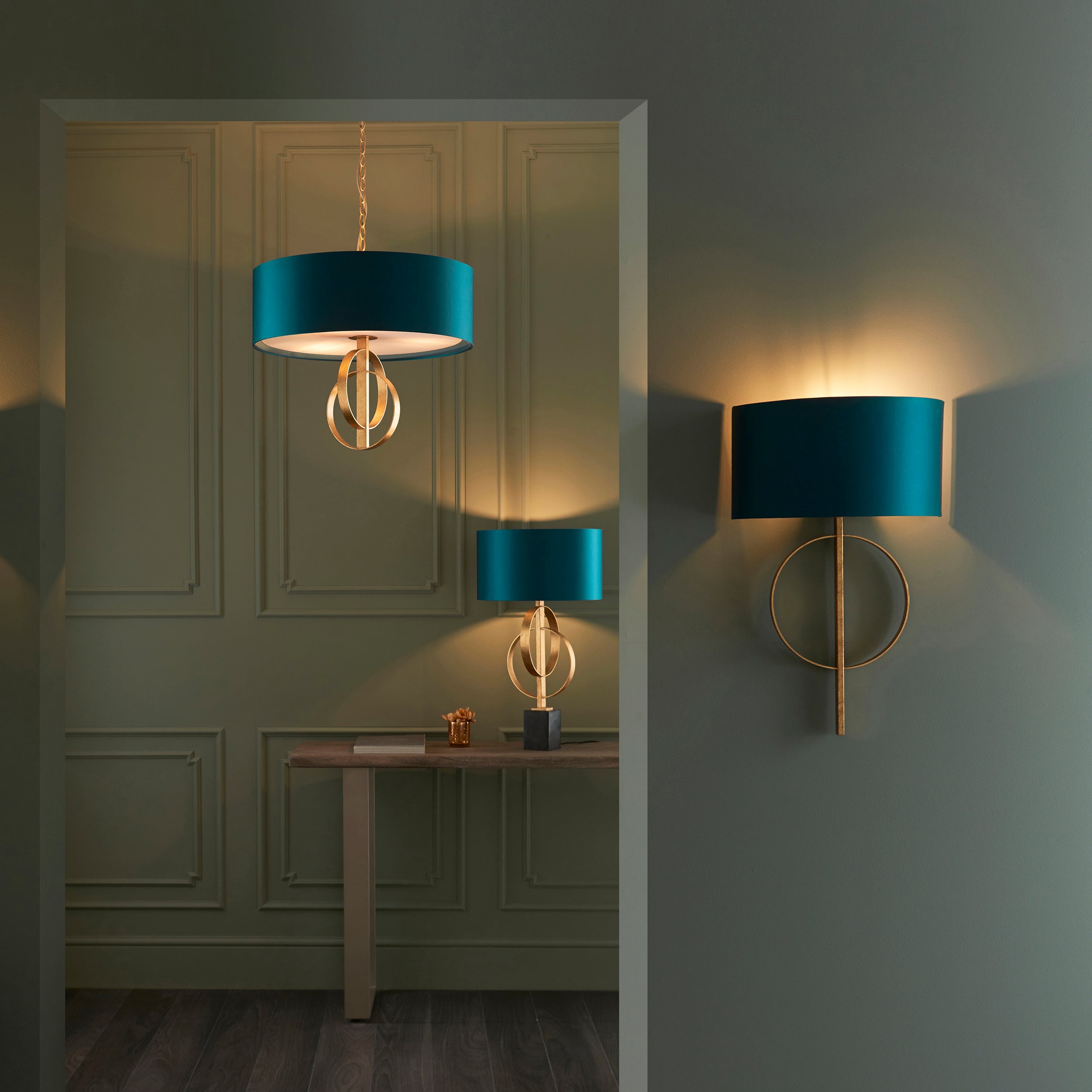 Utopia Interlink 3 Light Pendant - Antique Gold With Teal Shade - 60cm Diameter