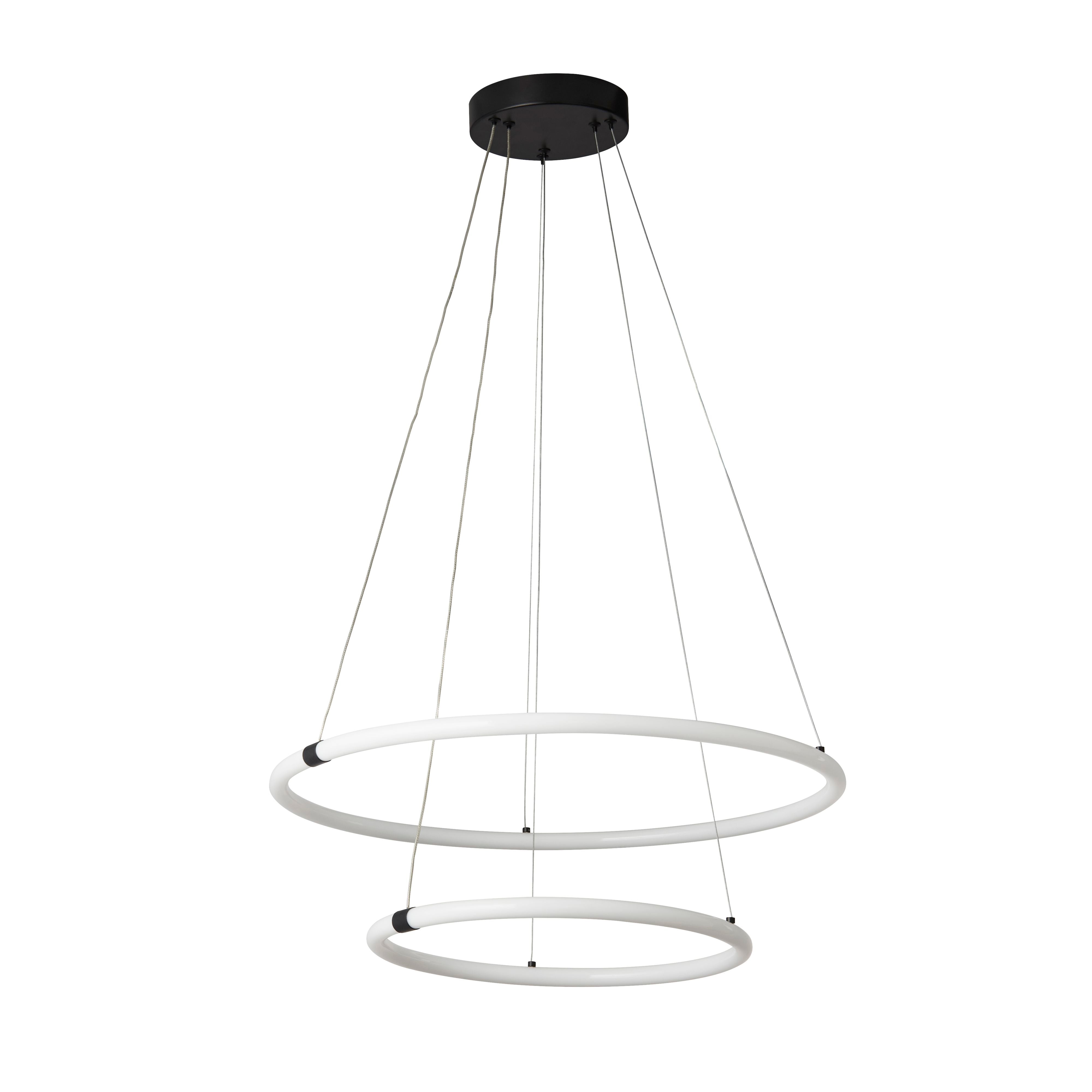 Searchlight Revolve 2 light ring pendant, alternate angle showing the two tiered opal rings lit warm white