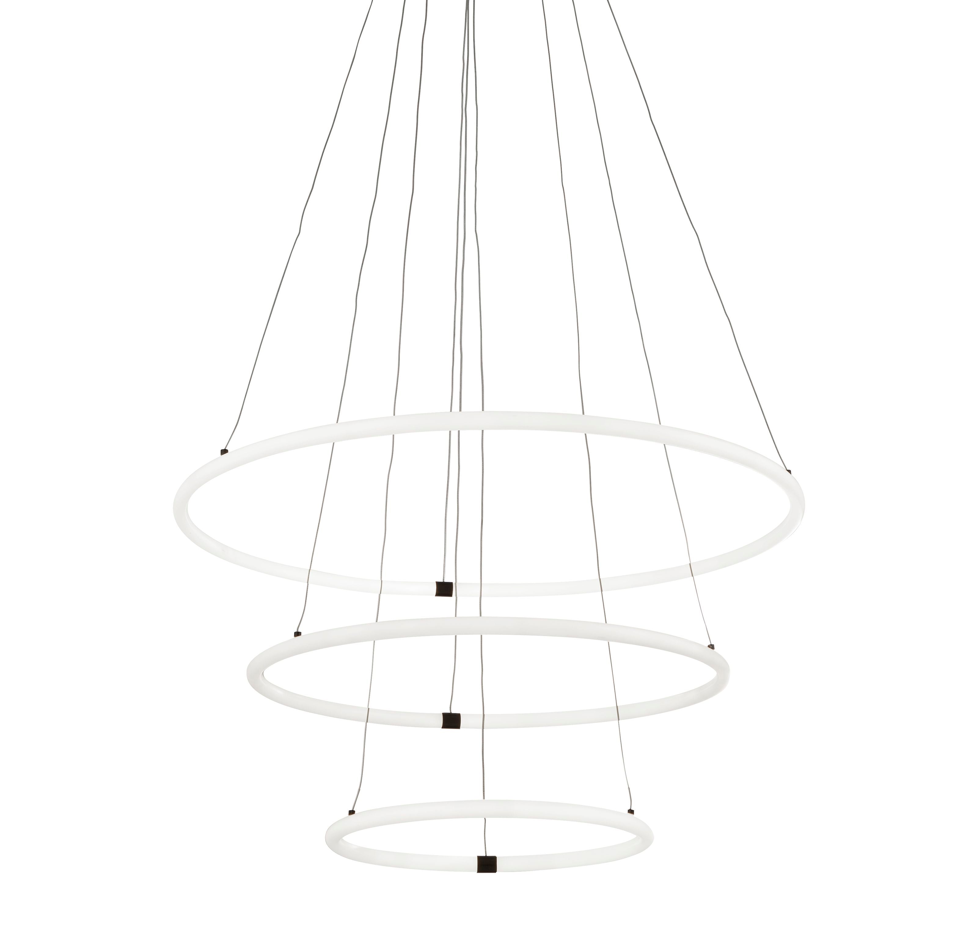 Searchlight Revolve 3 light ring pendant in black and opal, studio shot of all three tiered rings lit warm white on suspension cables