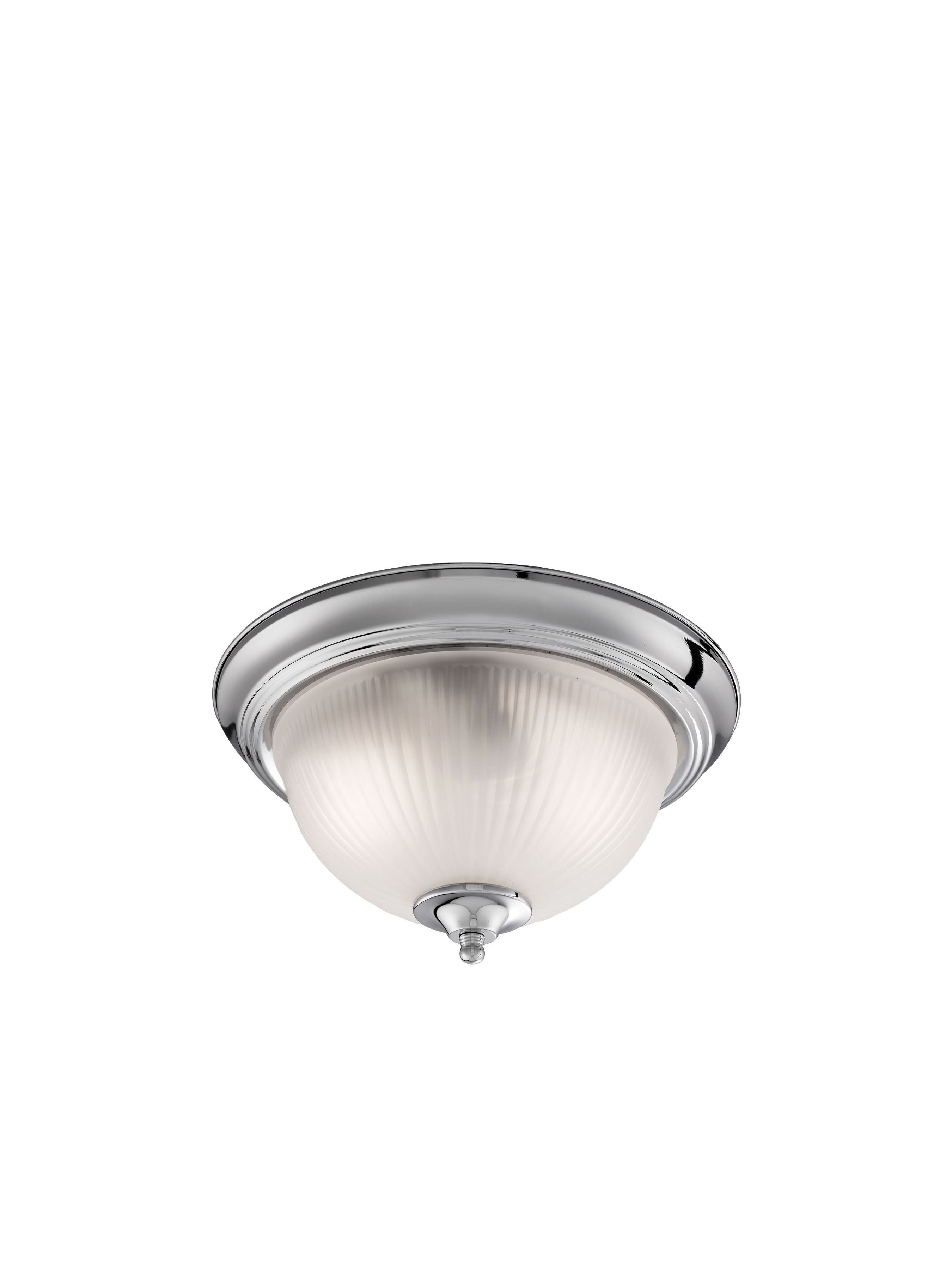Searchlight American Diner flush ceiling light in satin silver, angled studio view of the ribbed acid glass dome shade
