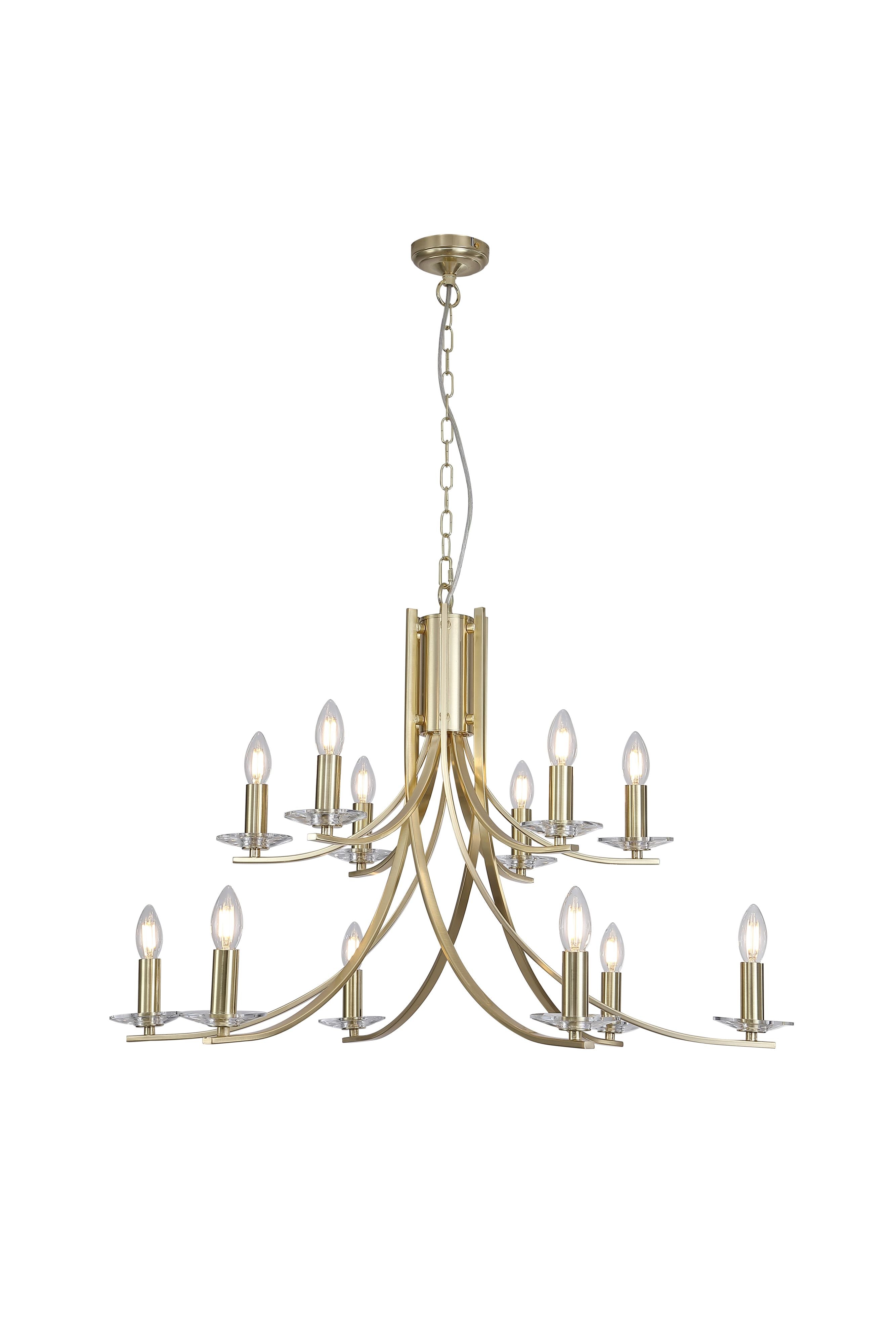 Searchlight Ascona 12 Light Pendant in satin brass, full fitting on a white background, showing two tiers of curved arms with candle bulbs and crystal style sconces