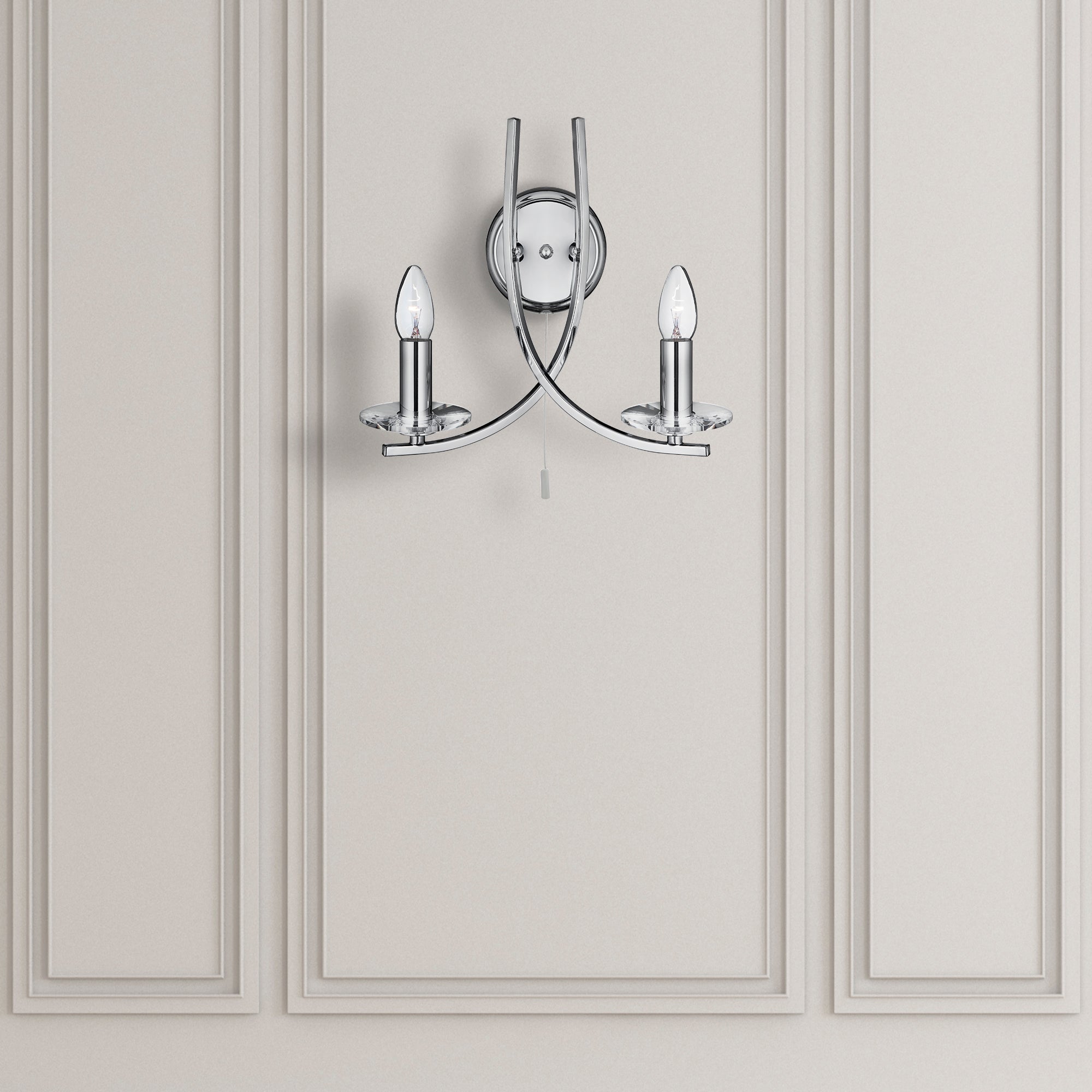 Searchlight Archer Chrome 2 Light Wall Bracket With Clear Glass Sconces