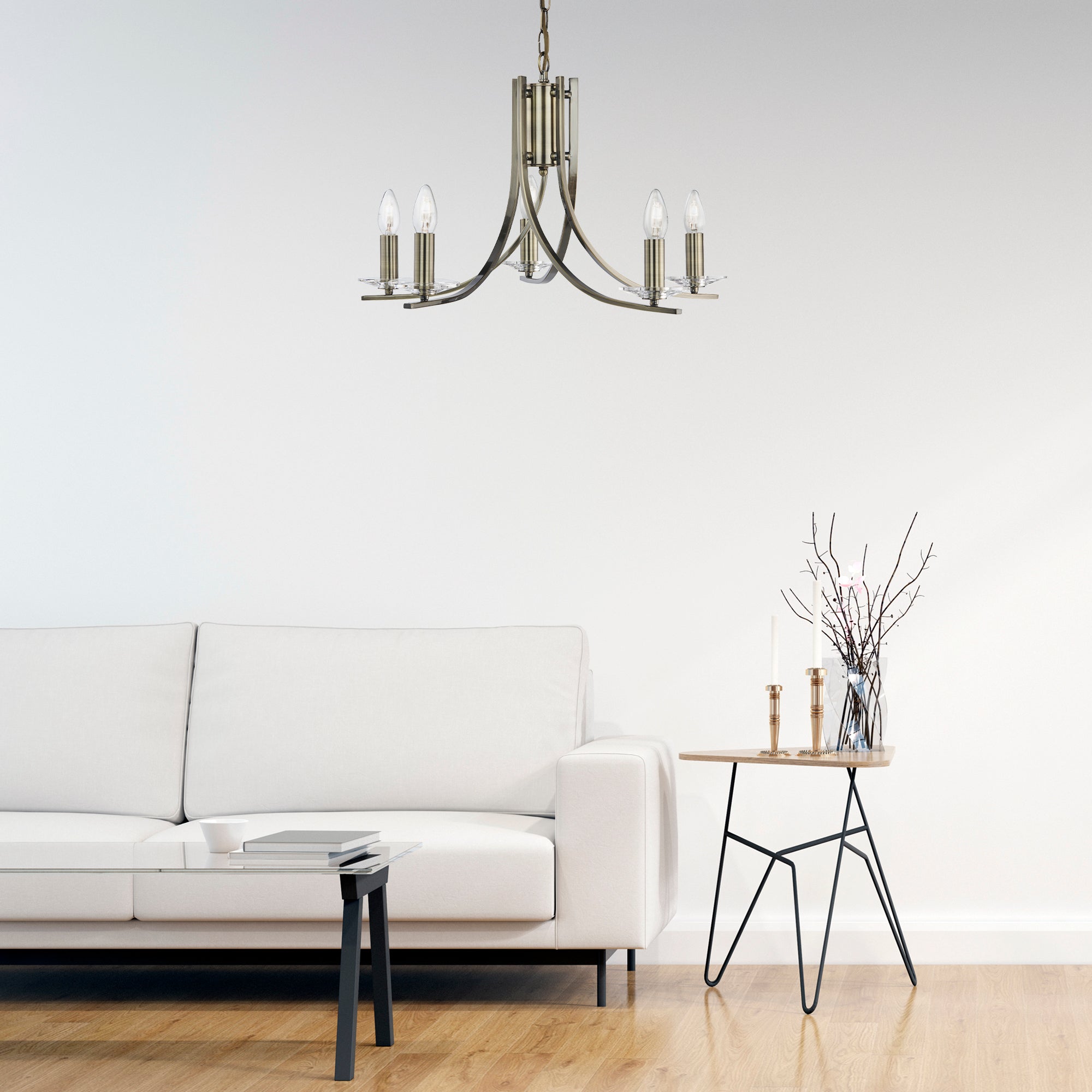 Searchlight Archer Antique Brass 5 Light Pendant Fitting With Clear Glass Sconces