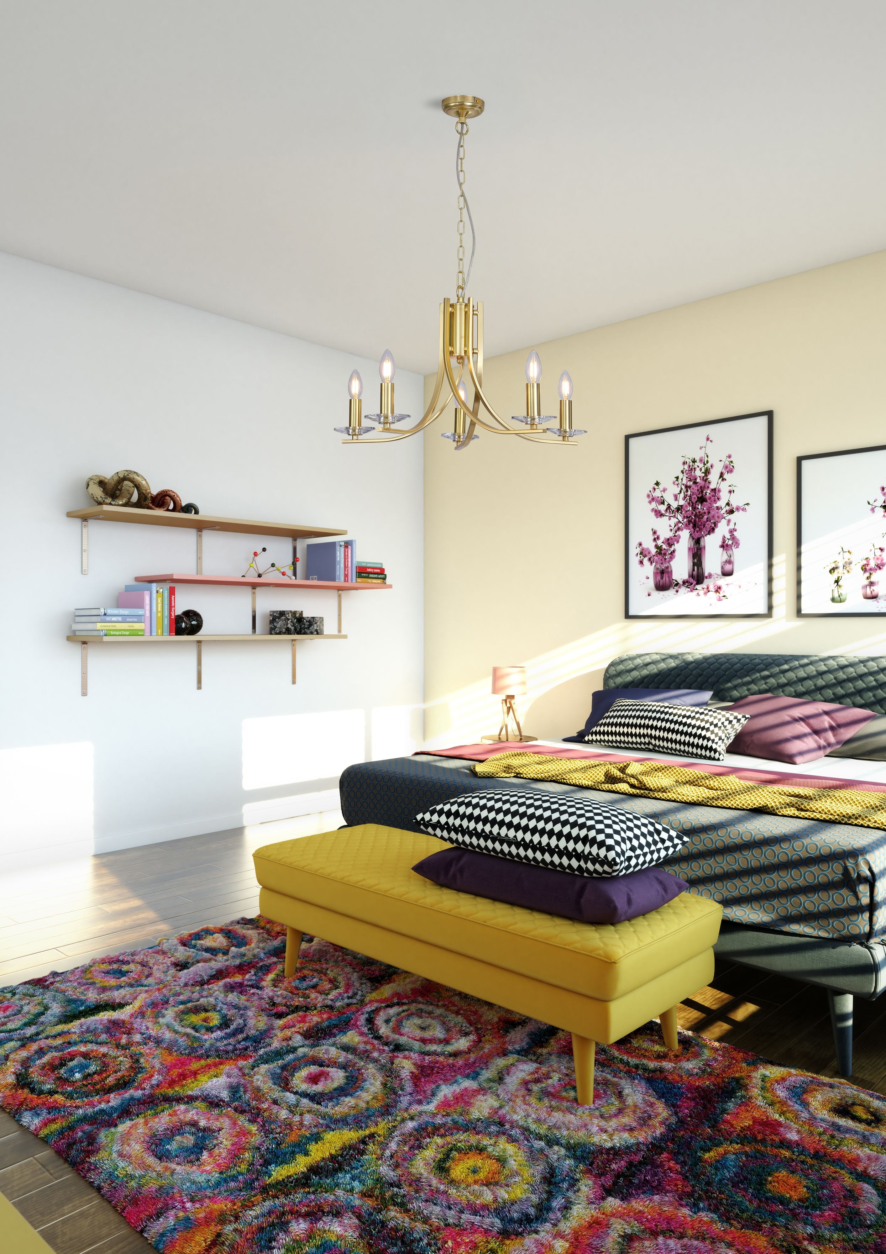 Ascona 5 light pendant in satin brass styled above a bed in a colourful bedroom, hung on its adjustable chain
