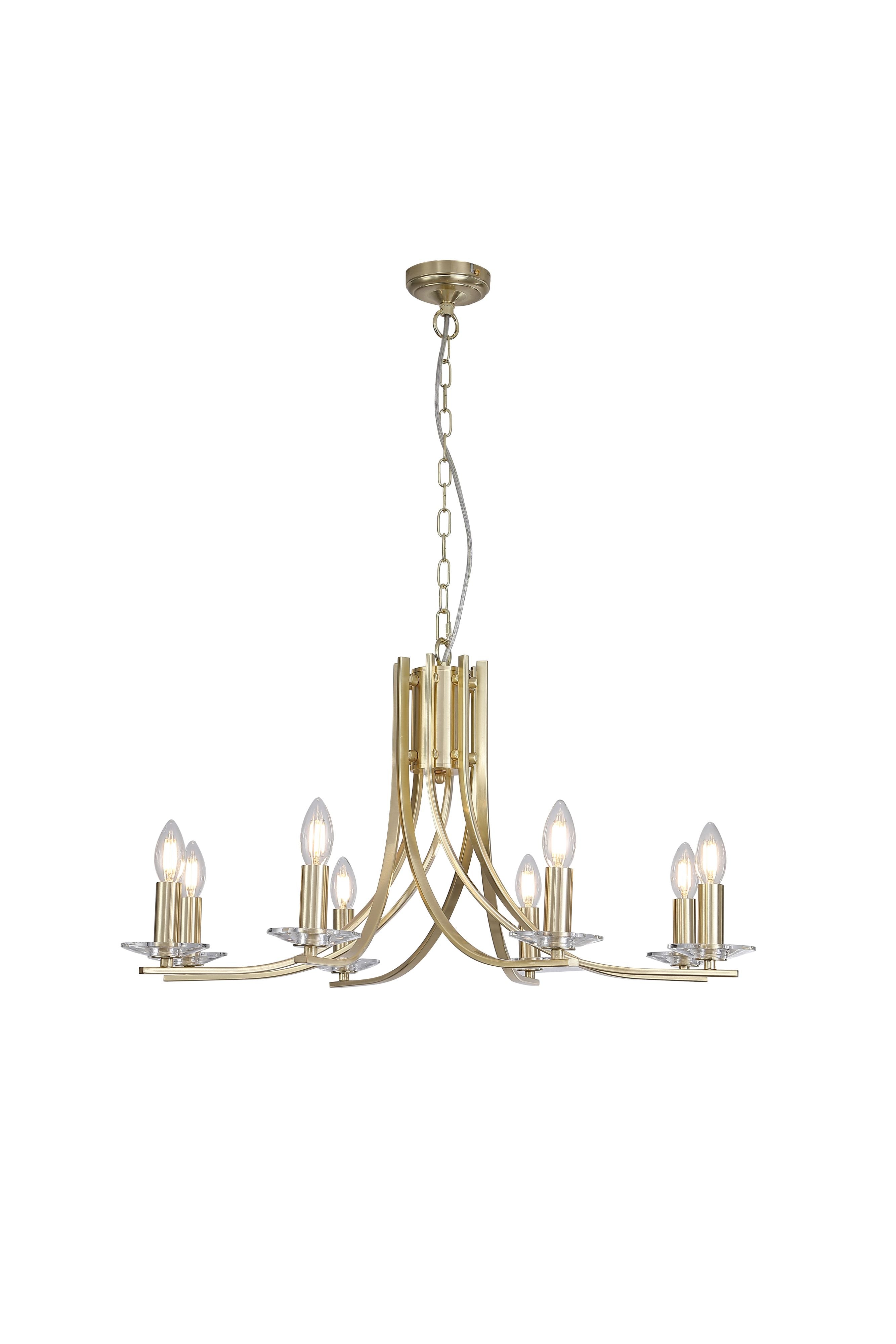 Searchlight Ascona 8 light pendant in satin brass, studio front view with all eight candle style bulbs lit against a white background