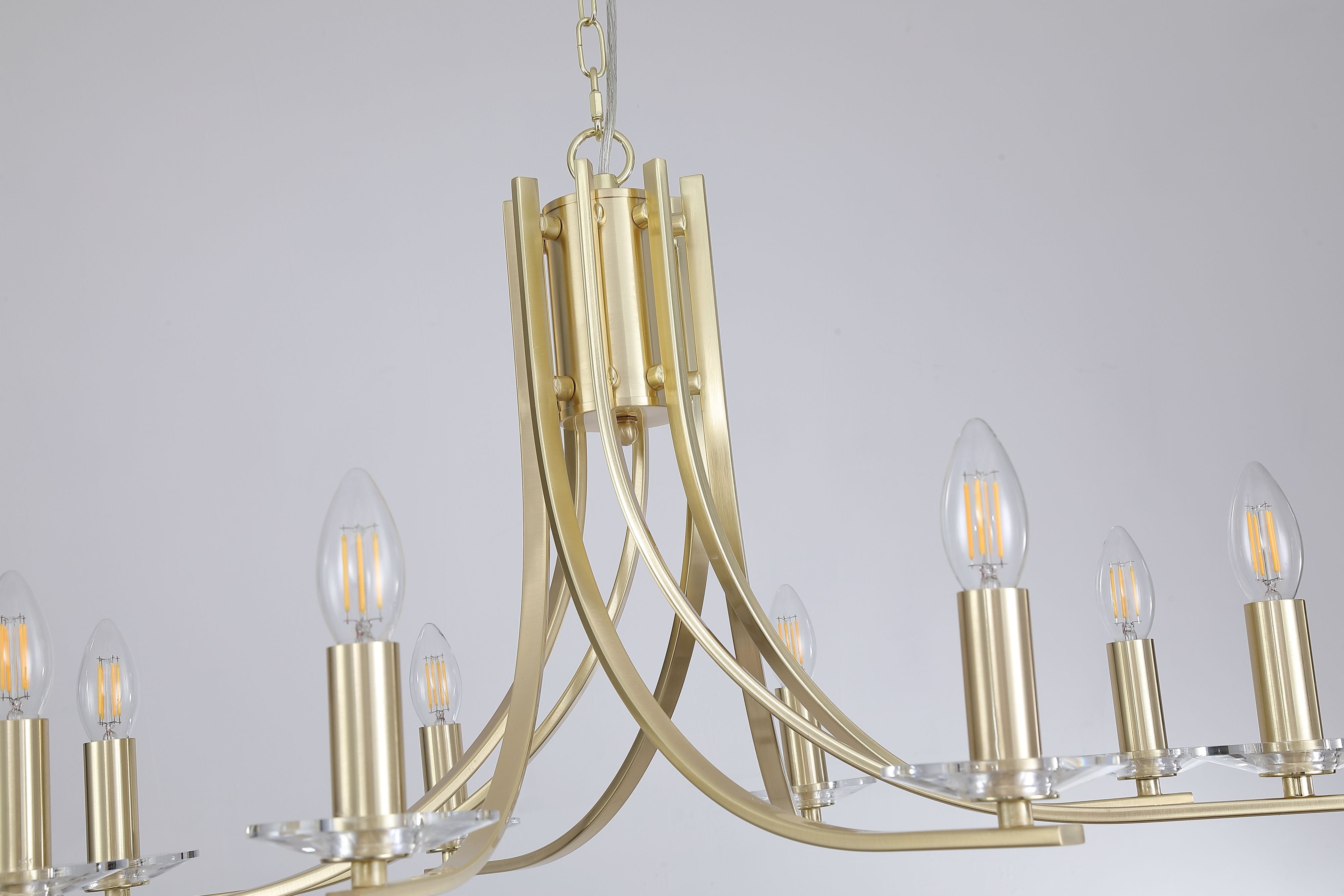 Close up of the Ascona 8 light pendant showing several candle style E14 bulb holders on faceted crystal glass sconces, in satin brass