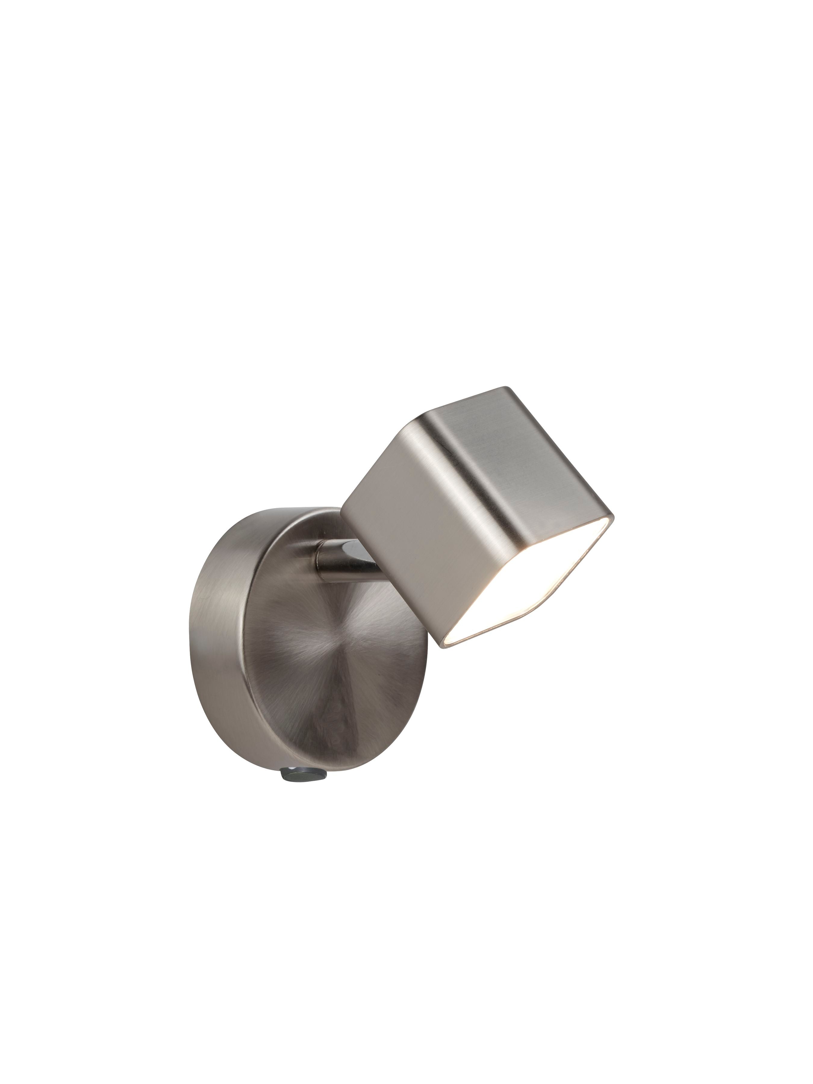 Searchlight Quad Spotlight Wall Light in satin silver, front angle studio shot with the square head tilted and lit