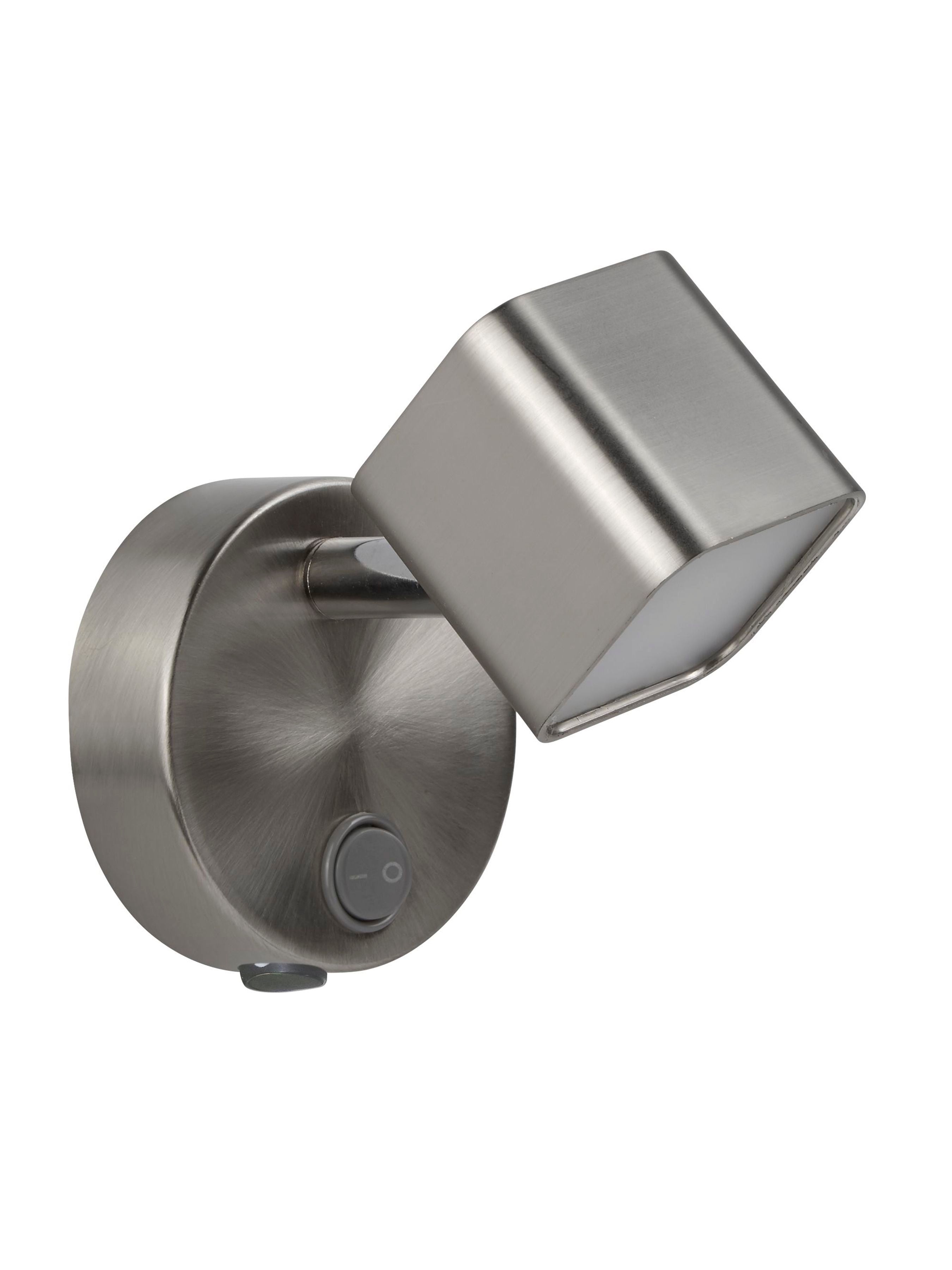 Searchlight Quad Spotlight Wall Light in satin silver, side angle showing the on/off switch on the wall plate