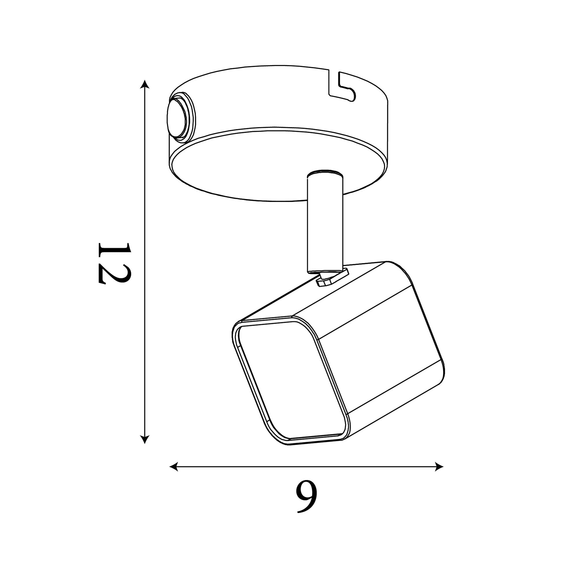 Technical drawing of the Searchlight Quad Spotlight Wall Light showing dimensions of 12cm height and 9cm width