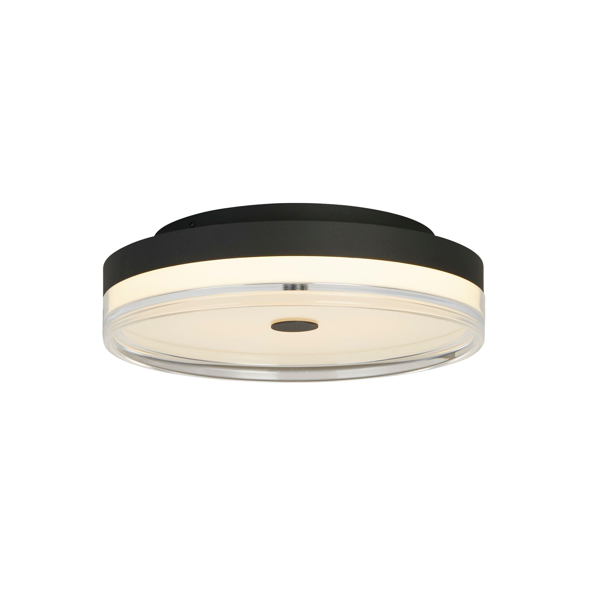Searchlight Cyprus 30cm LED flush ceiling light in black, studio shot with the acrylic edge lit