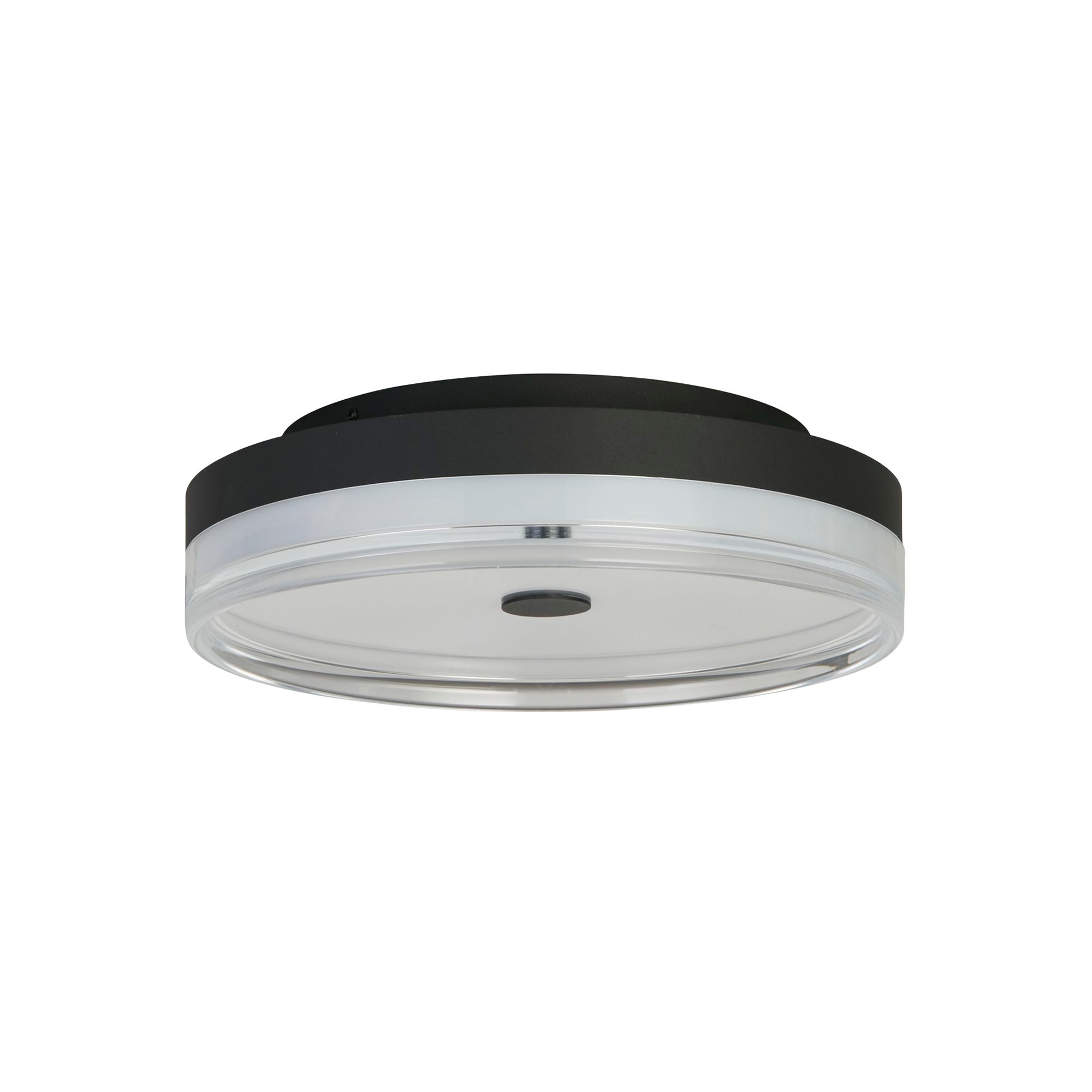 Searchlight Cyprus 30cm LED flush ceiling light in black, front on view showing the black metal band and glowing diffuser