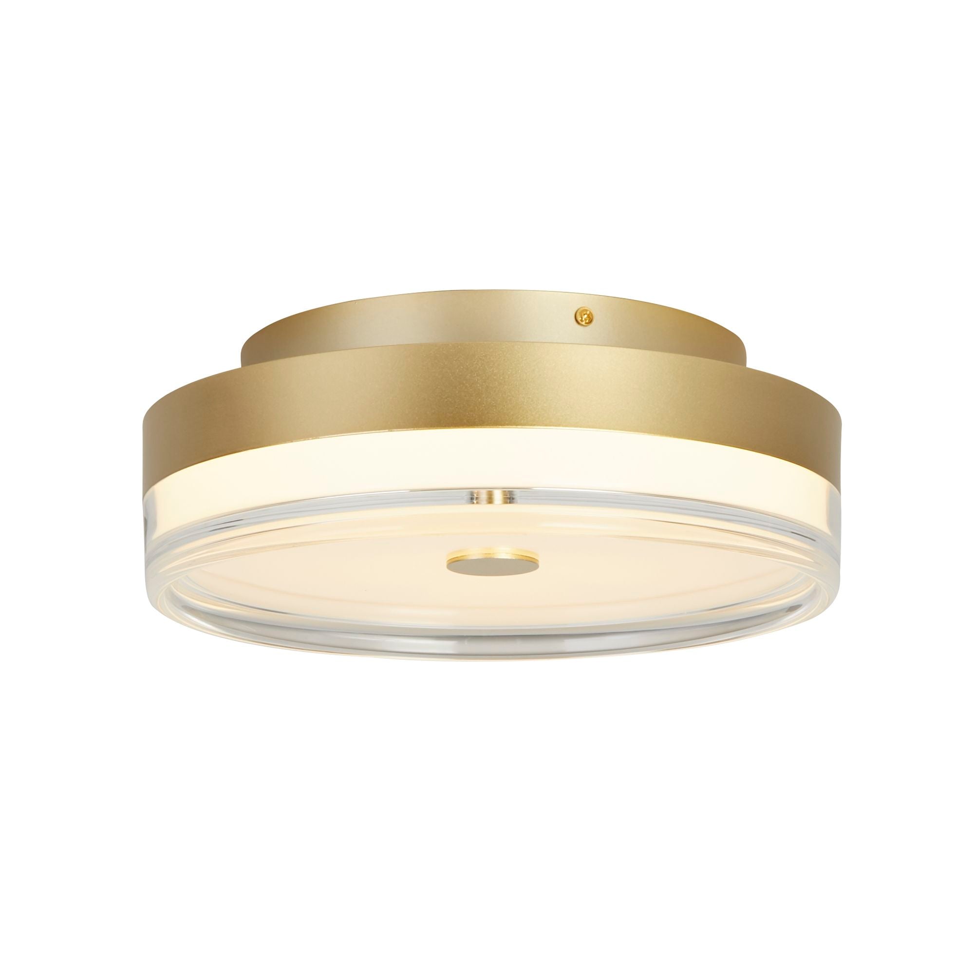 Searchlight Cyprus 30cm LED flush ceiling light in gold, studio shot with the acrylic edge lit