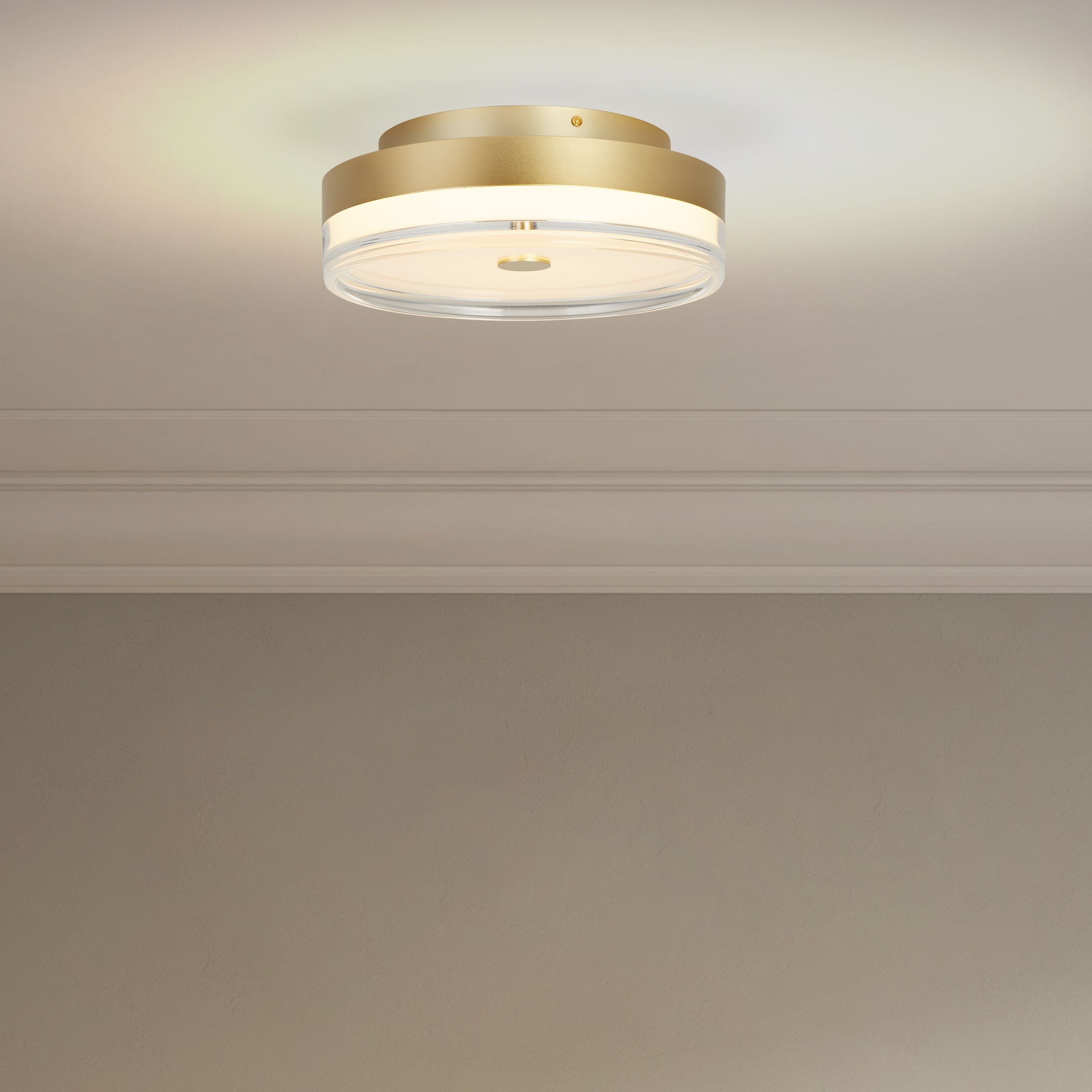 Searchlight Cyprus 30cm LED flush ceiling light in gold, fitted to a panelled ceiling in a styled room