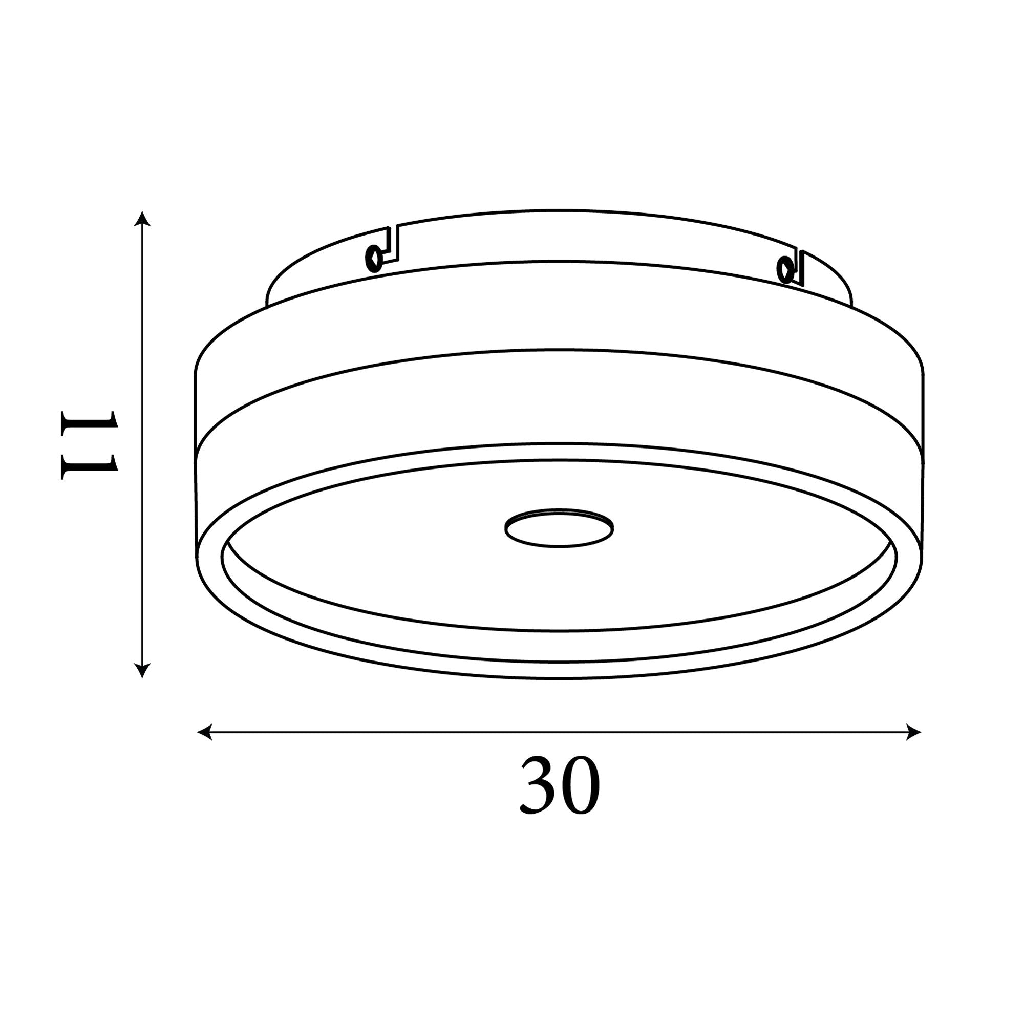 Technical line drawing of the Searchlight Cyprus 30cm LED flush ceiling light, showing dimensions of 30cm diameter and 11cm height