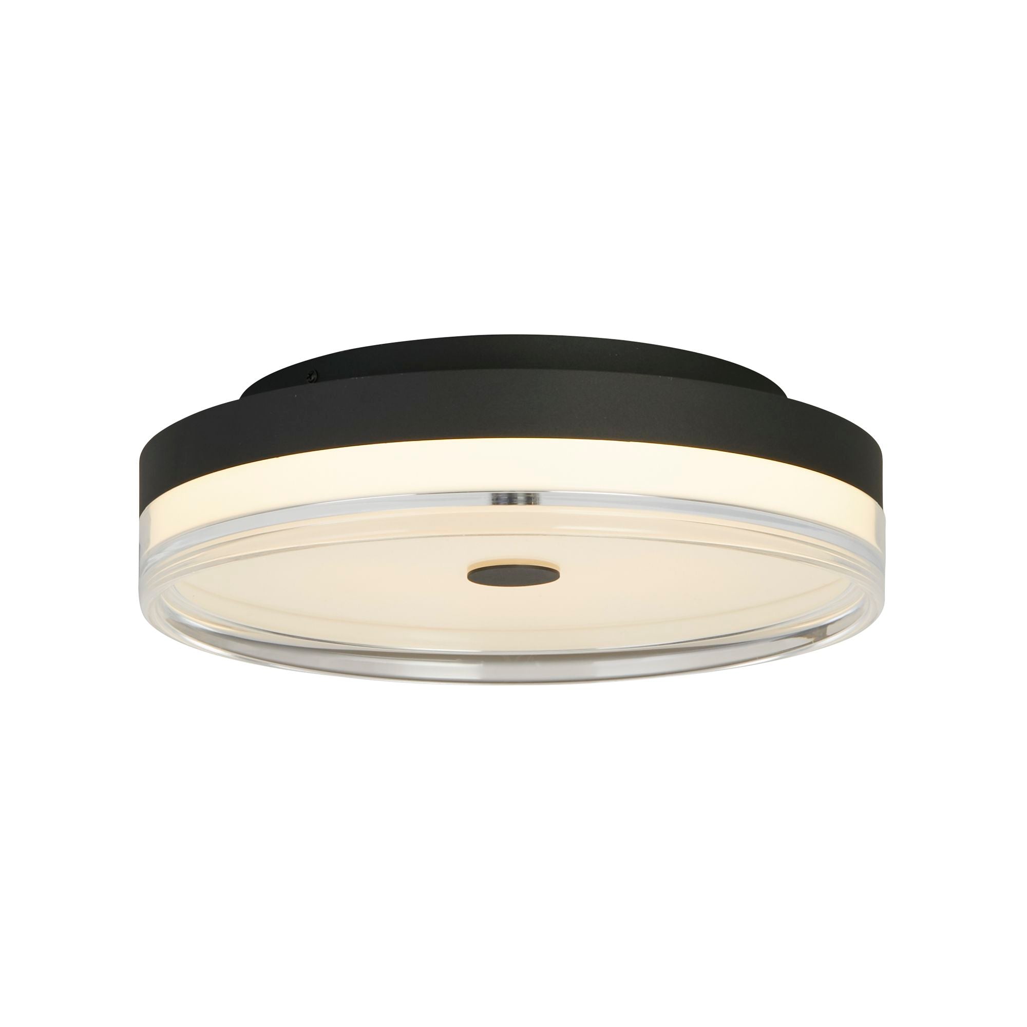 Searchlight Cyprus LED Flush 40cm in black, angled view with the light on, showing the black metal band, clear acrylic trim ring and glowing white acrylic diffuser