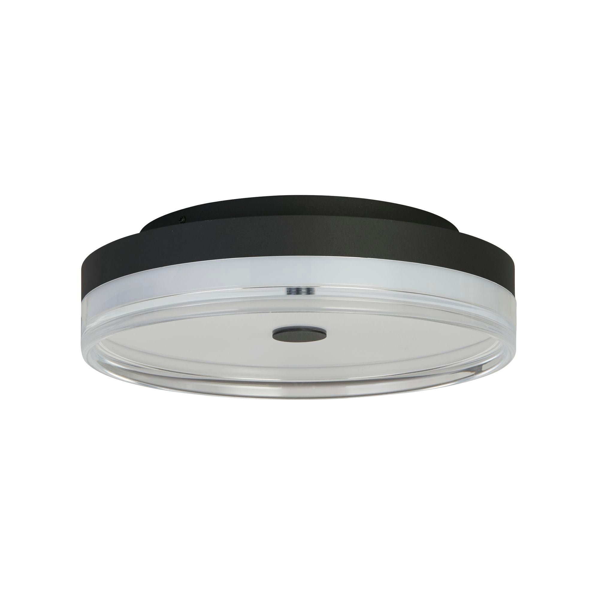 Searchlight Cyprus LED Flush 40cm in black, angled view with the light off, showing the plain white acrylic diffuser and black metal band