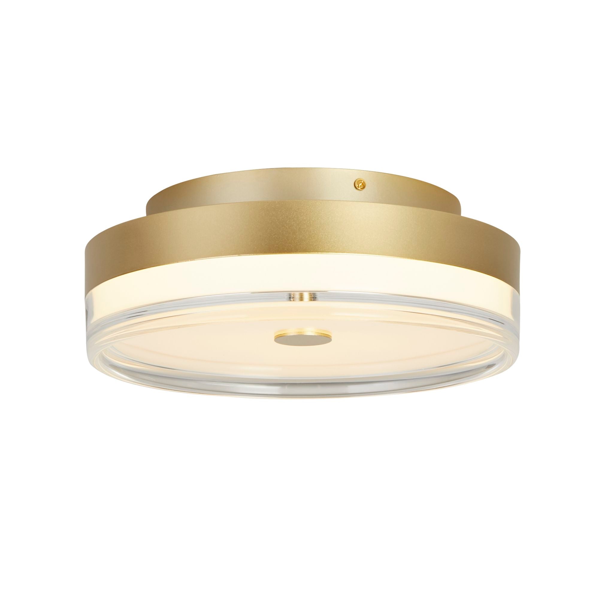 Searchlight Cyprus LED Flush 40cm in gold, angled view with the light on, showing the brushed gold metal band, clear acrylic trim ring and glowing white acrylic diffuser