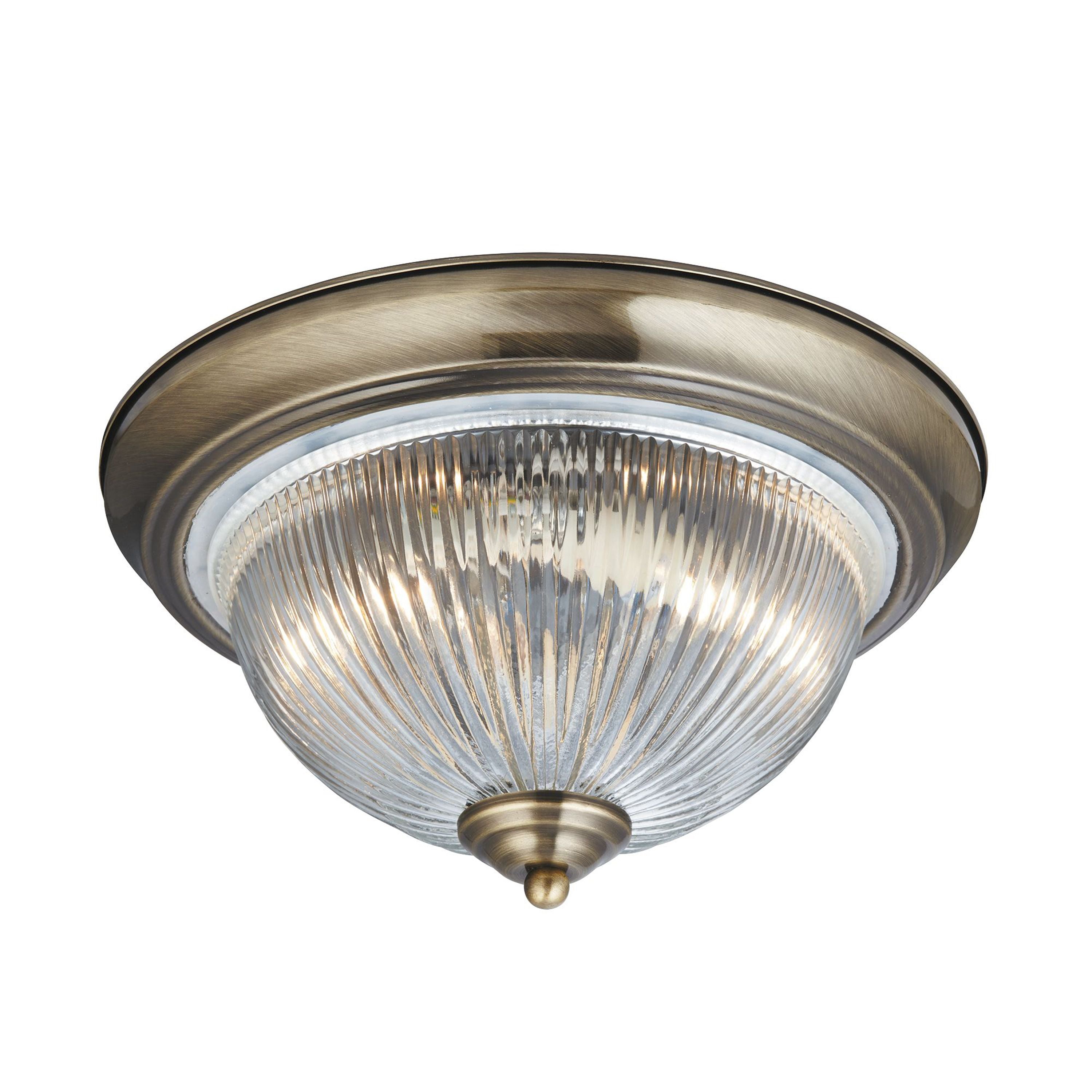 Searchlight American Diner Flush ceiling light in antique brass with clear ribbed glass dome, studio shot