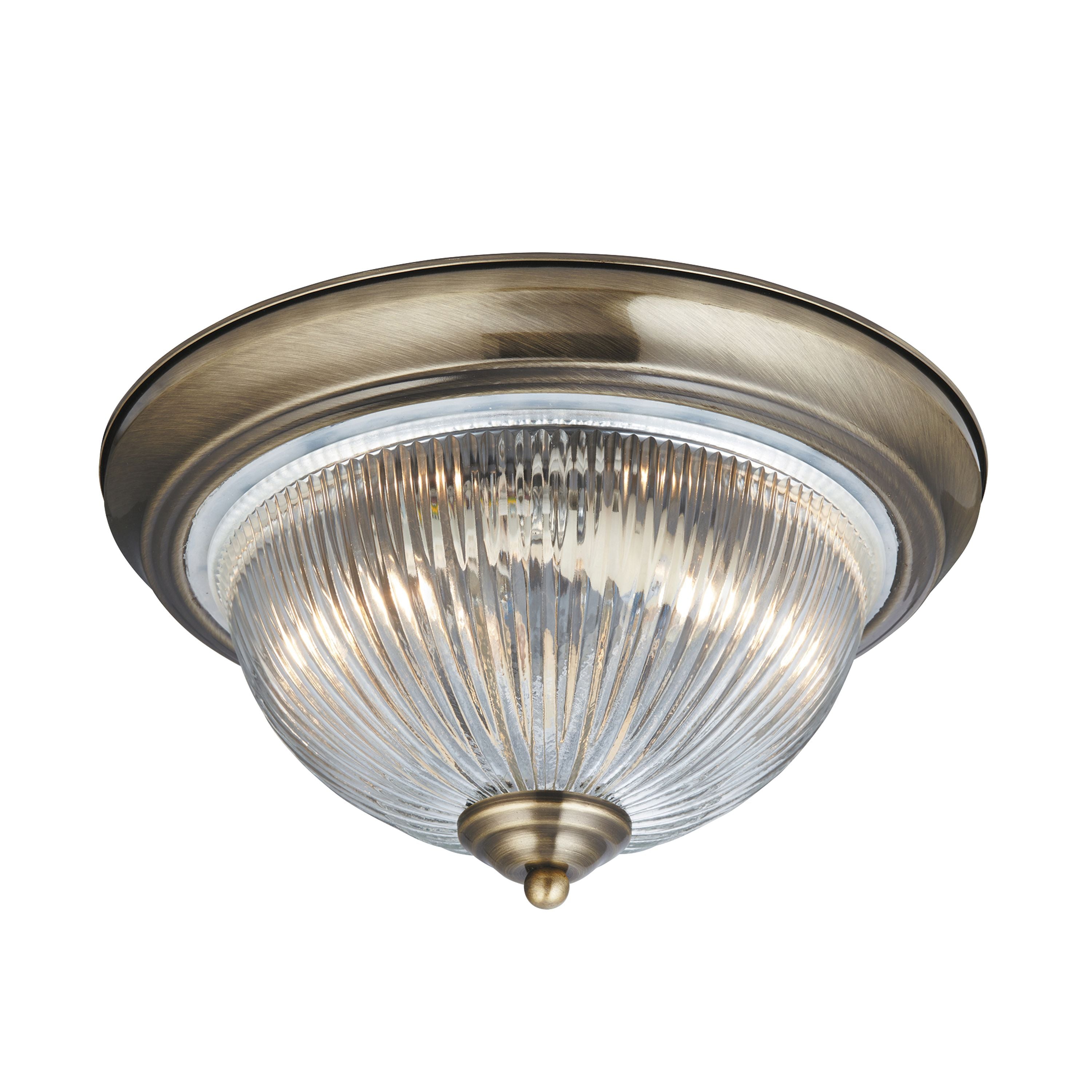 Searchlight American Diner Flush ceiling light in antique brass with clear ribbed glass dome - view 3