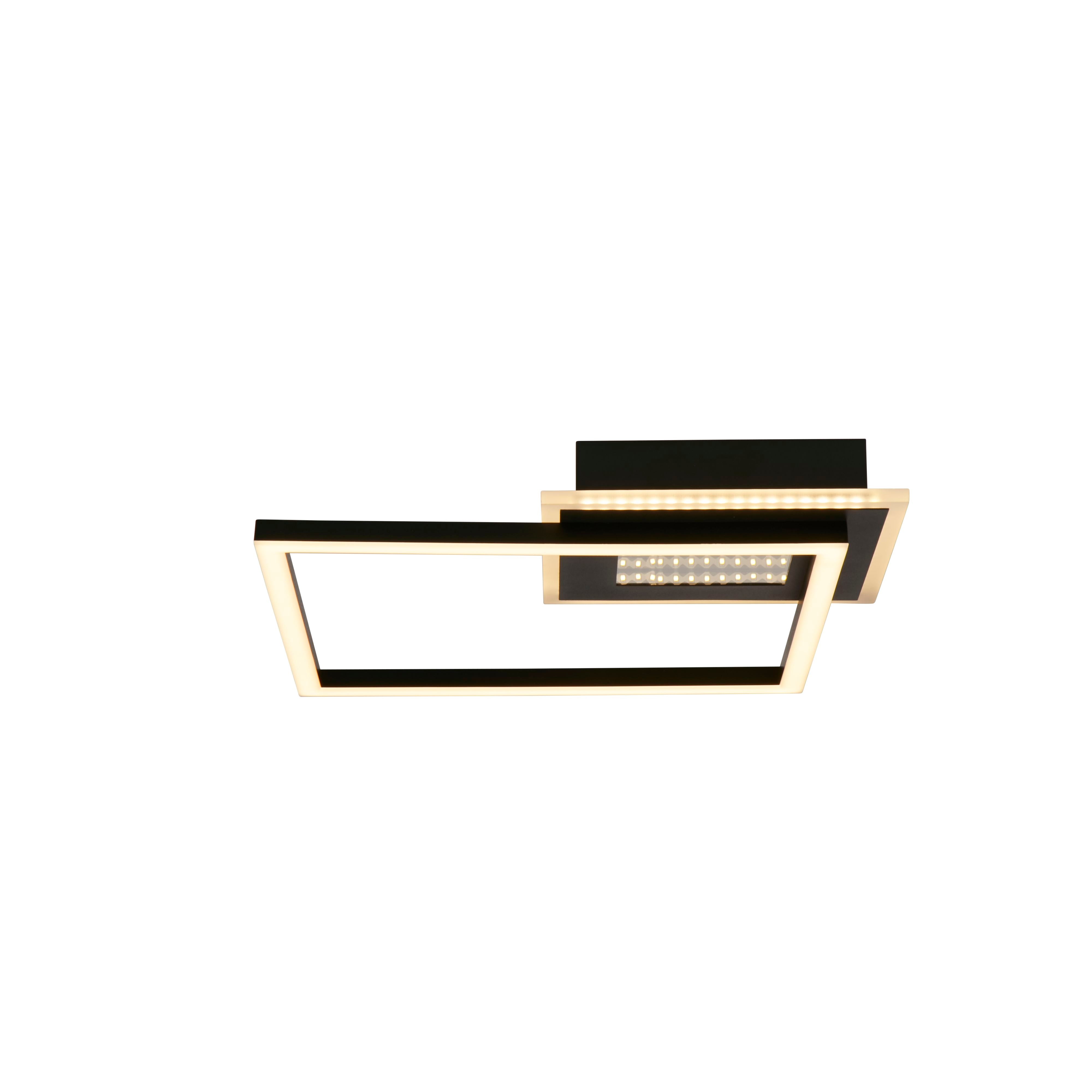 Searchlight Quadrate LED Flush ceiling light in matt black, switched on showing two offset square ring frames glowing warm white against a plain white background