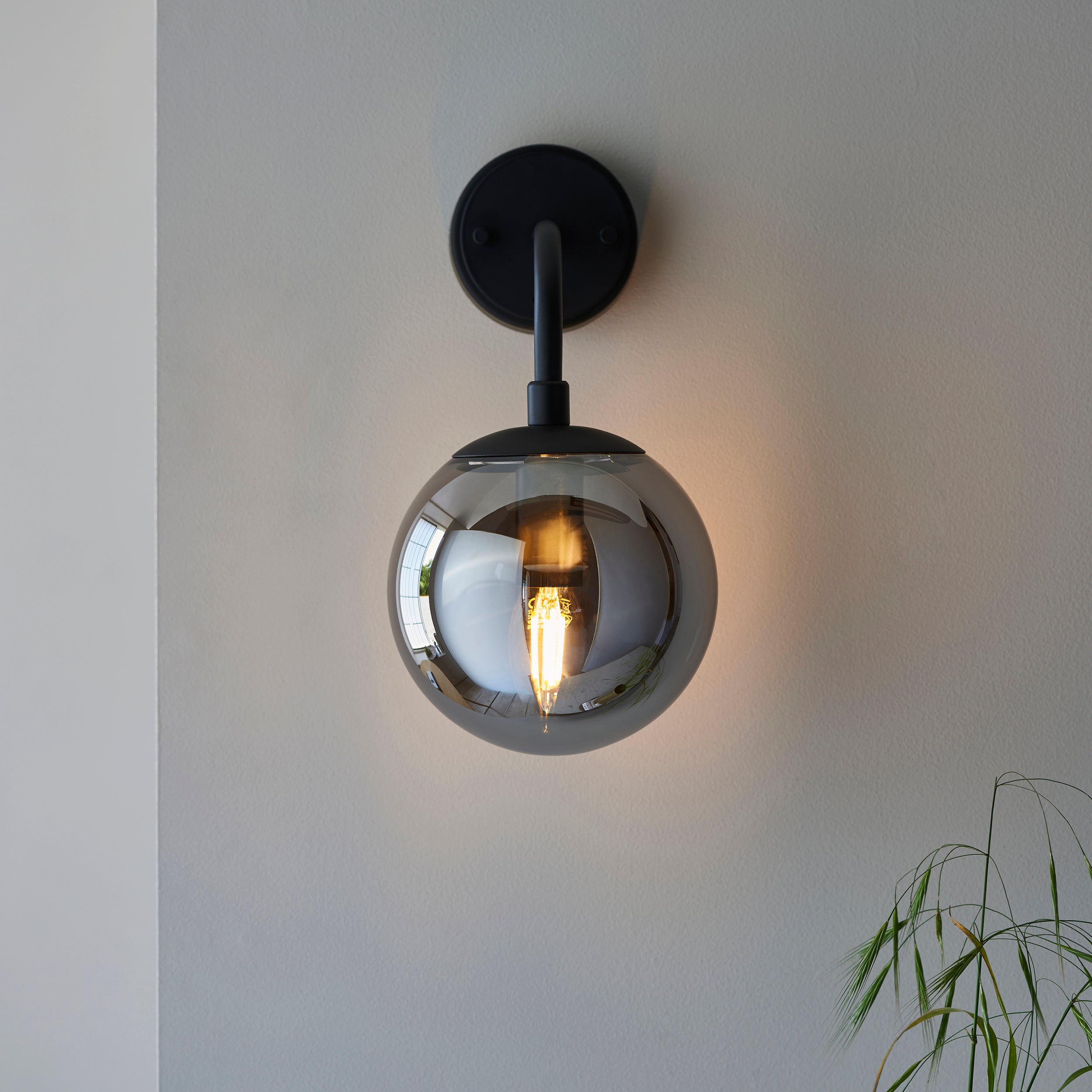 Utopia Sphere Single Wall Light - Matt Black & Smoked Mirror Glass