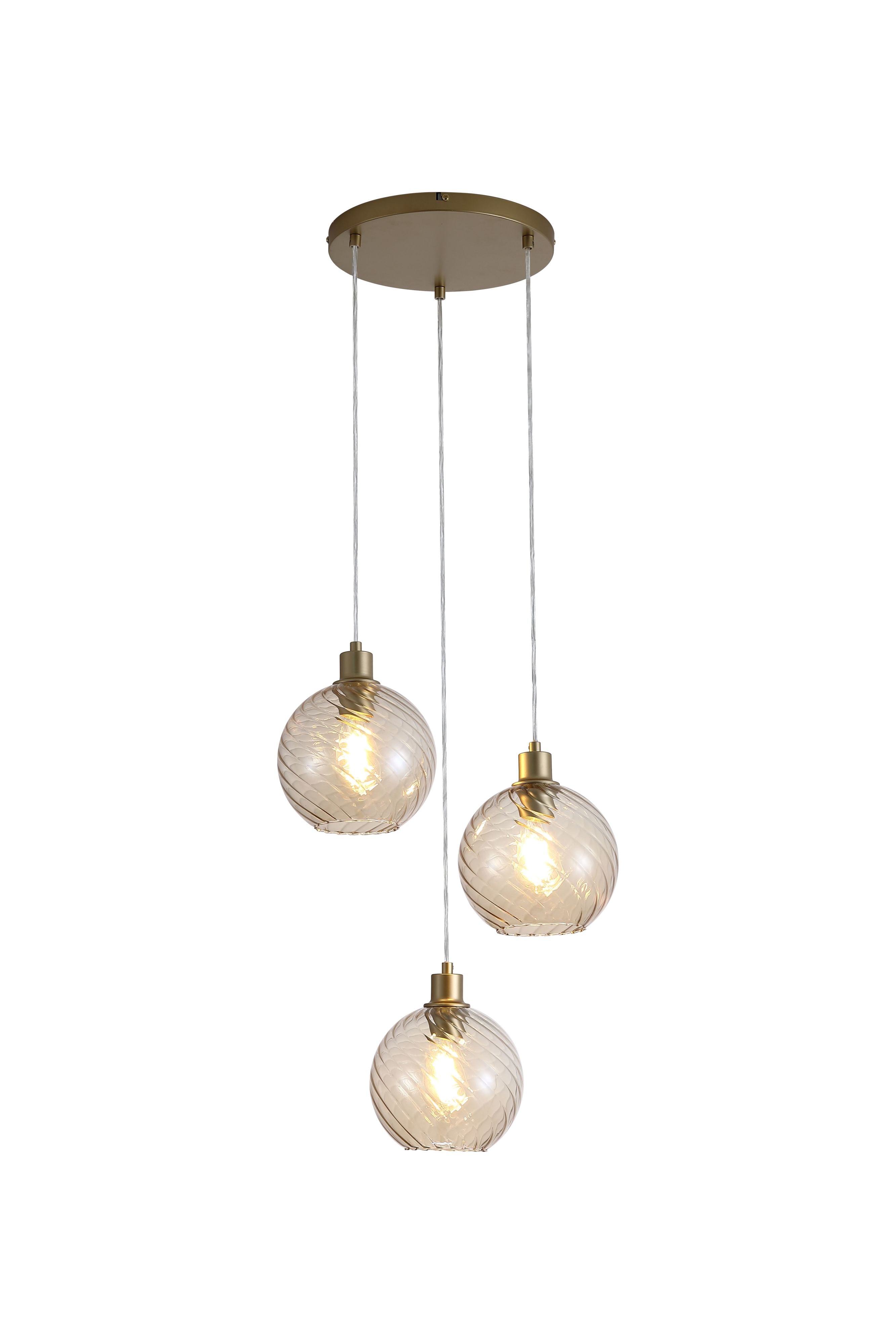 Searchlight Radiance 3 Light Multi Drop Pendant, gold ceiling plate with three champagne swirled glass globe shades, lit against a white studio background