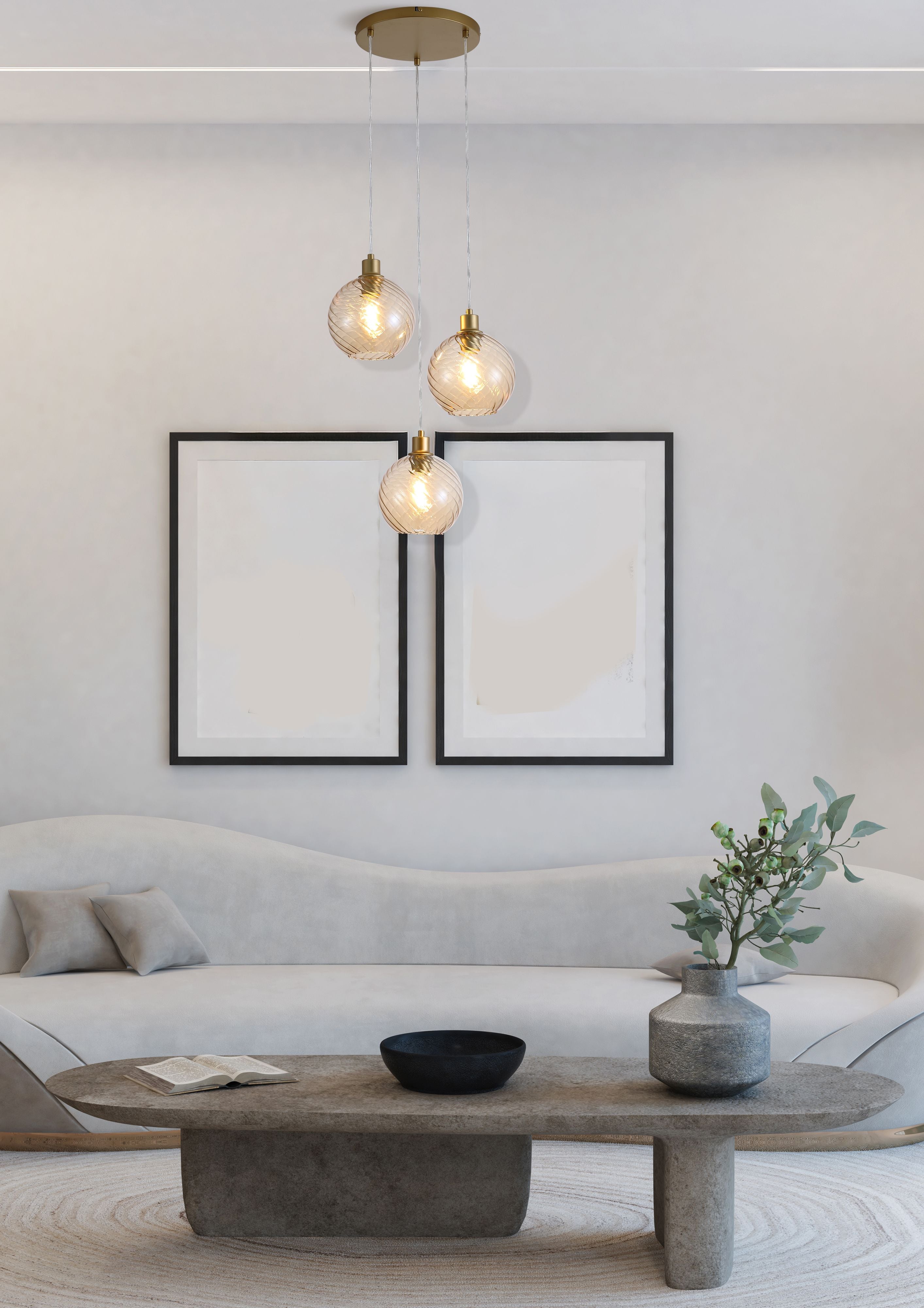 Searchlight Radiance 3 Light Multi Drop Pendant styled above a console table in a living room, three champagne glass globes lit against framed artwork