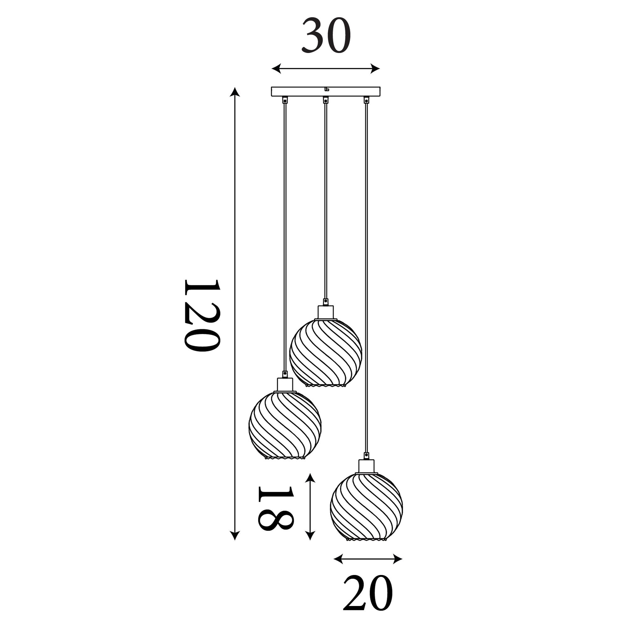 Technical line drawing of the Searchlight Radiance 3 Light Multi Drop Pendant showing a ceiling plate width of 30cm, total height of 120cm and globe diameter of 18 to 20cm