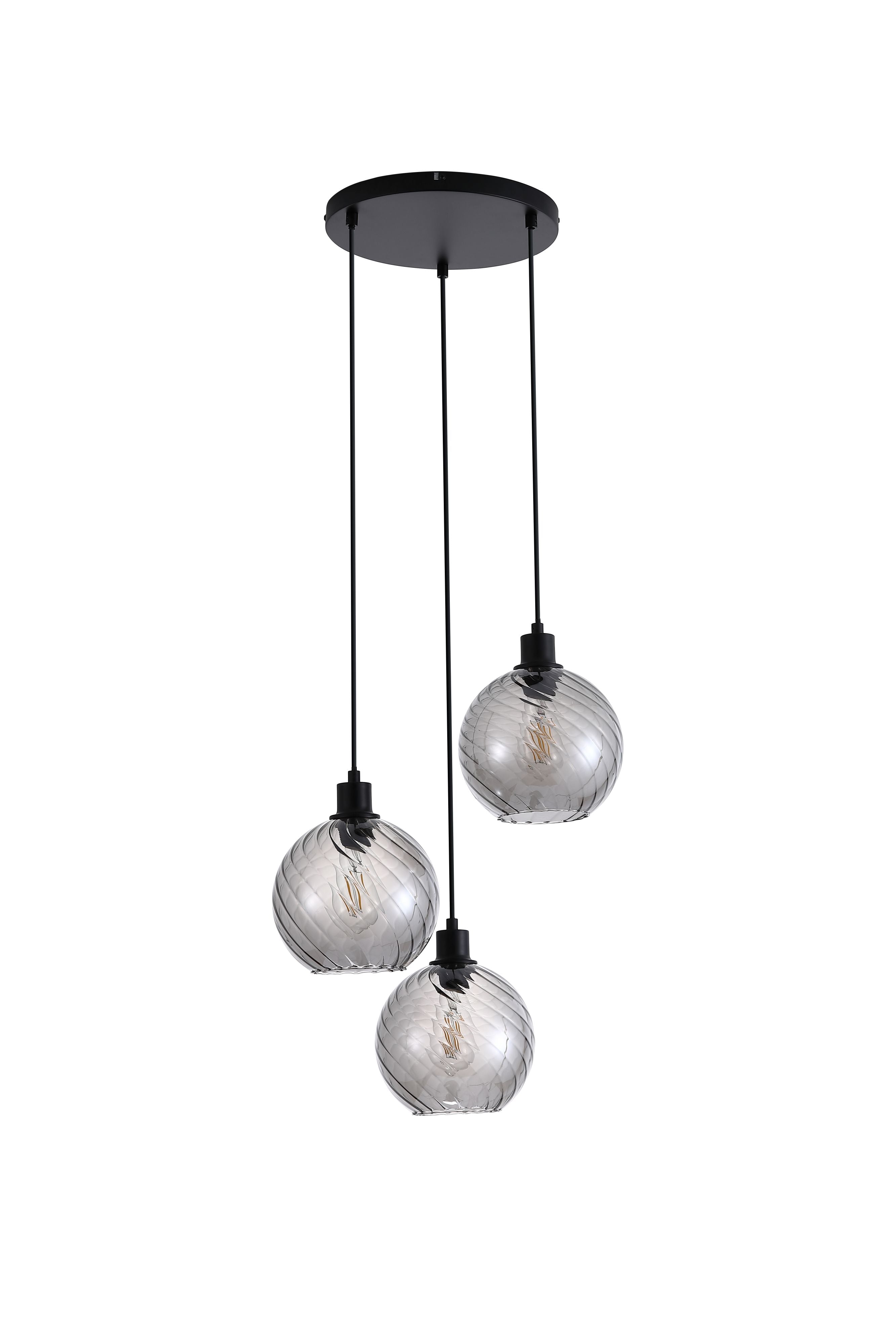 Searchlight Radiance 3 Light Multi Drop Pendant, angled view of the three swirled smoked glass globes suspended on black cords with lit bulbs
