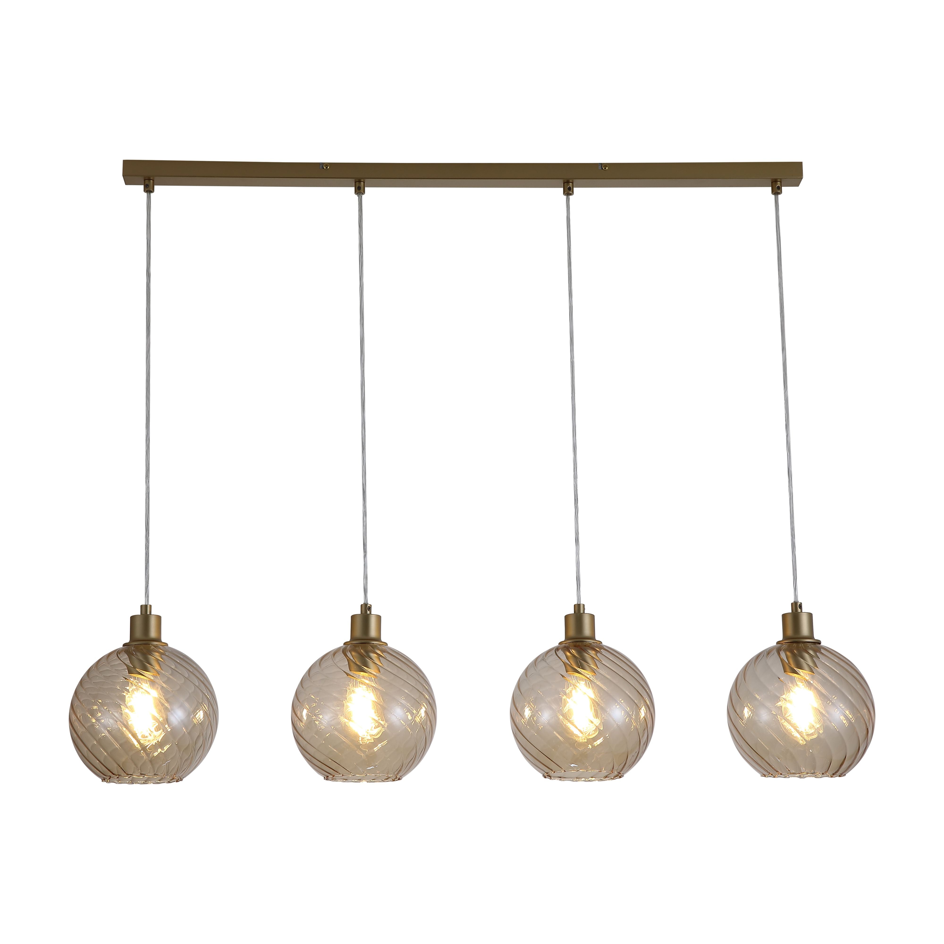 Searchlight Radiance 4 Light Bar Pendant in gold with champagne glass, studio shot of four lit swirl textured globe shades hanging from a brushed gold bar