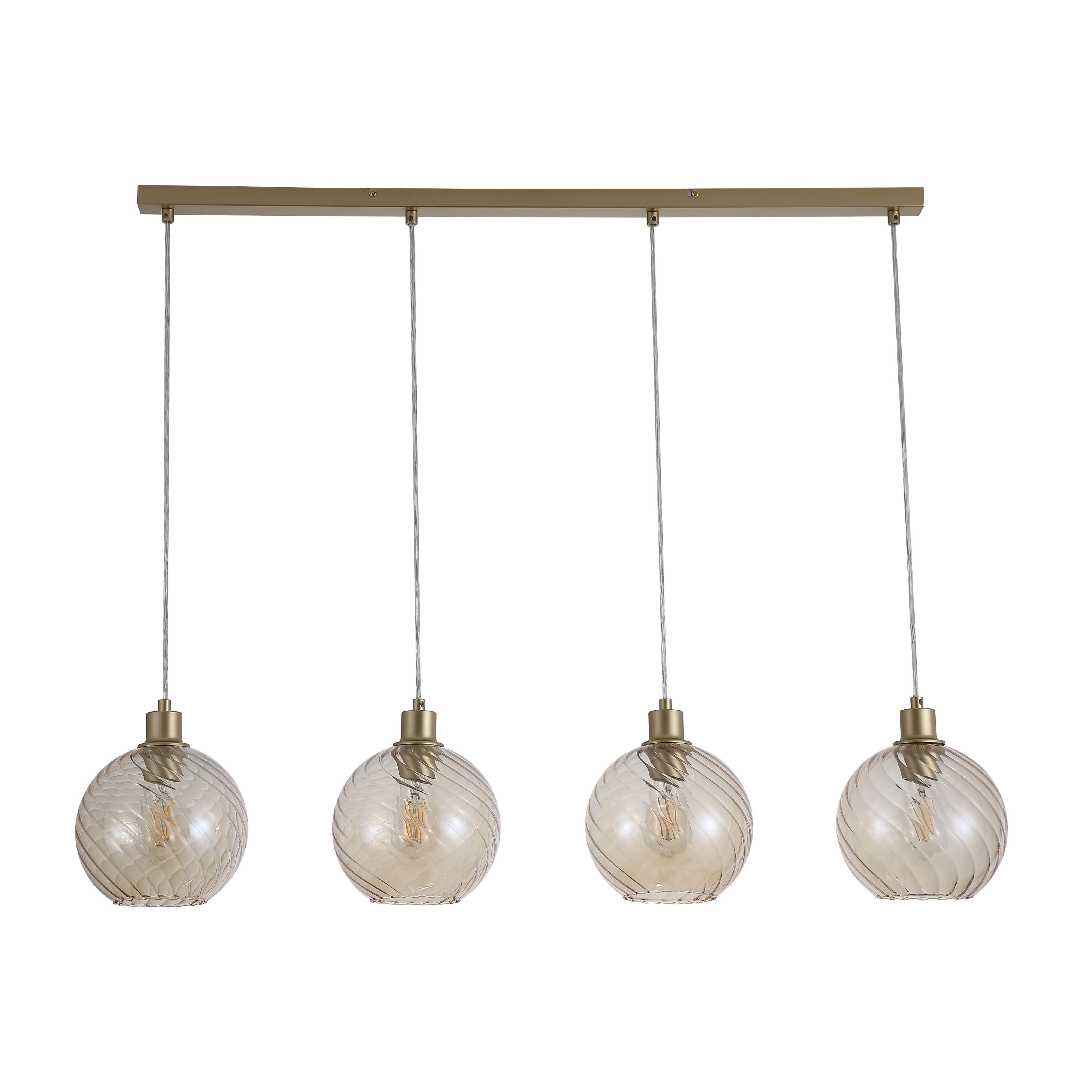 Searchlight Radiance 4 Light Bar Pendant in gold with champagne glass, alternate studio angle showing the four lit champagne glass globes