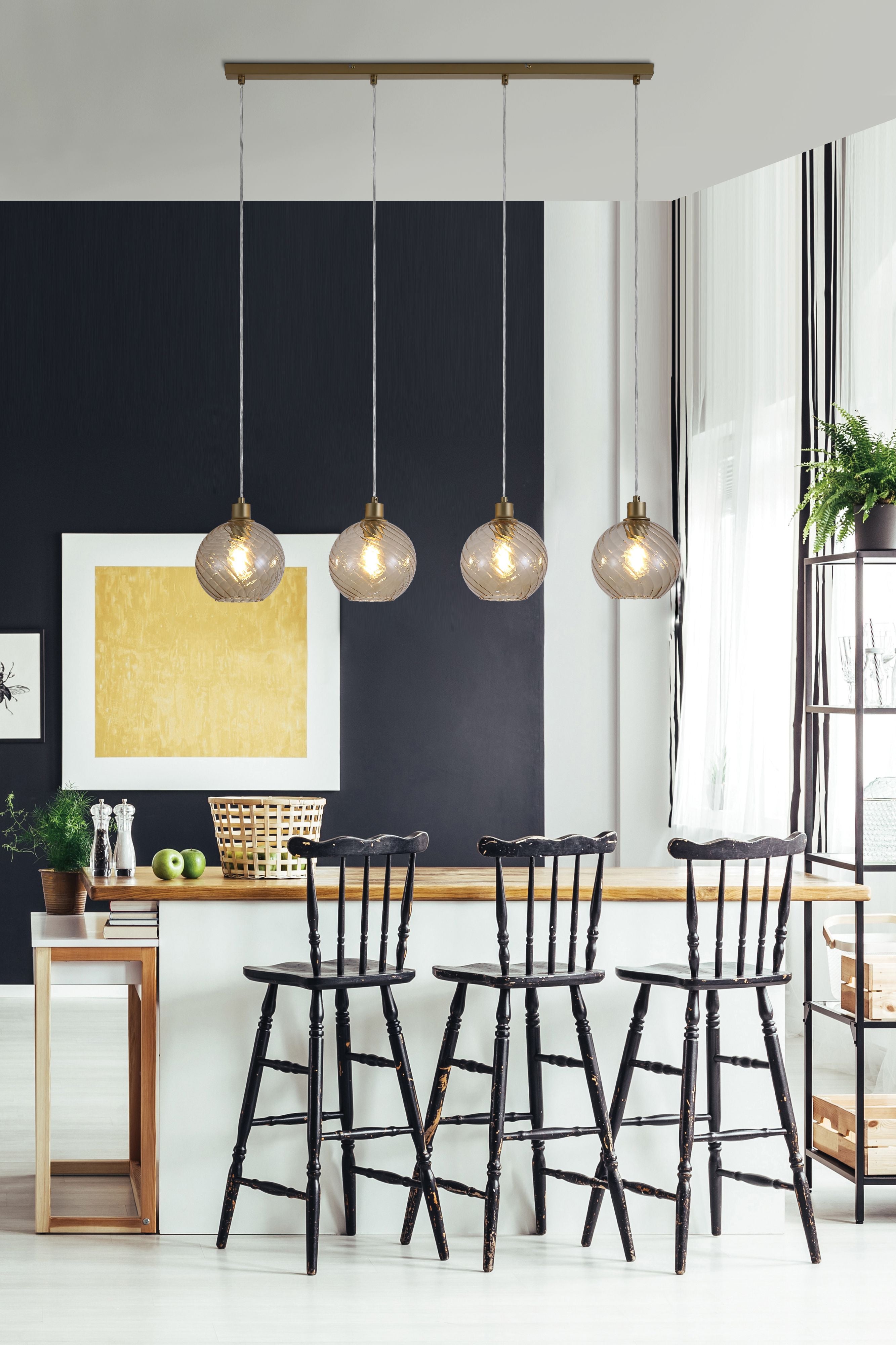 Radiance 4 Light Bar Pendant styled above a kitchen island with black bar stools and a dark blue feature wall