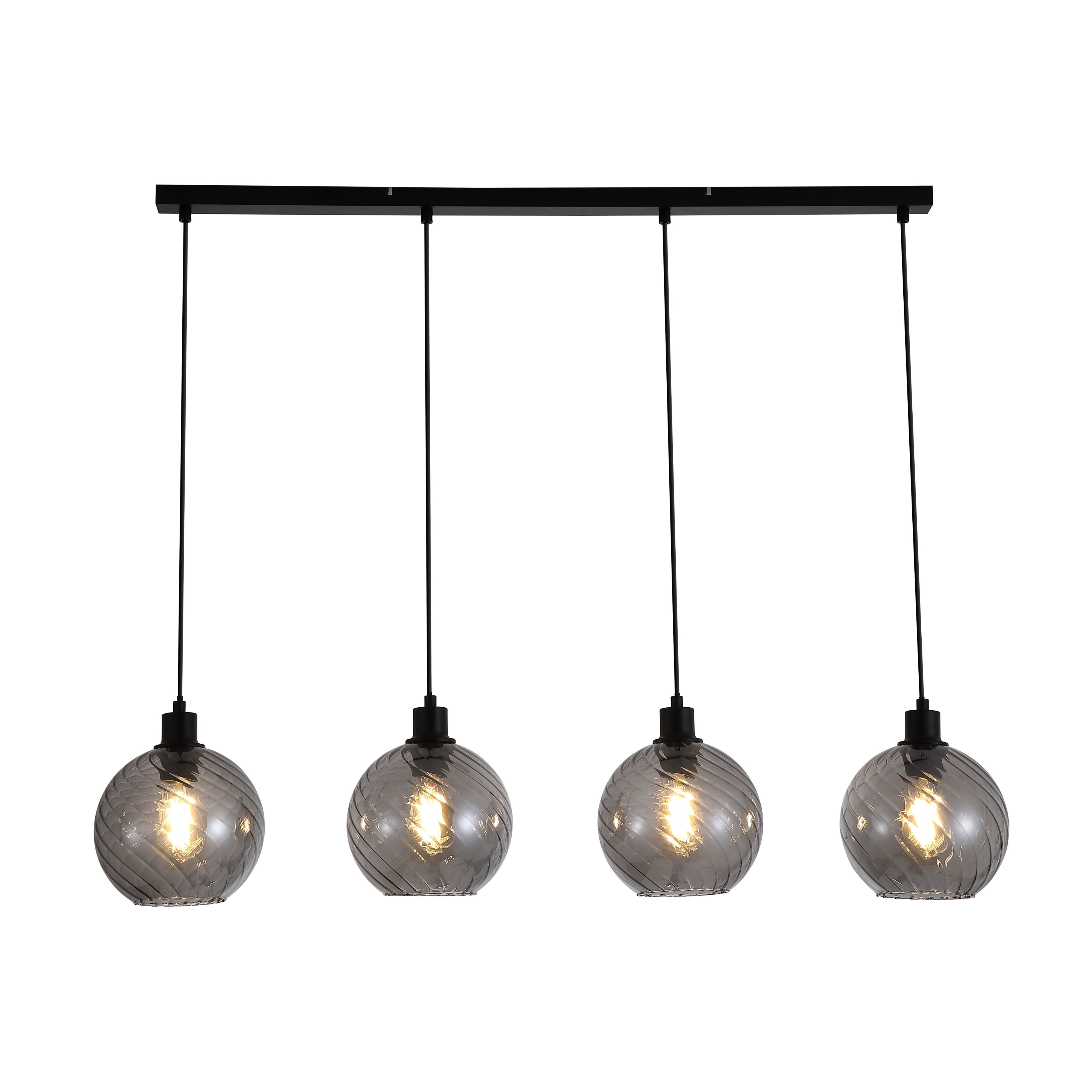 Searchlight Radiance 4 Light Bar Pendant in black and smoked glass, front view of four ribbed smoked glass globe shades hanging in a row from a black linear ceiling bar