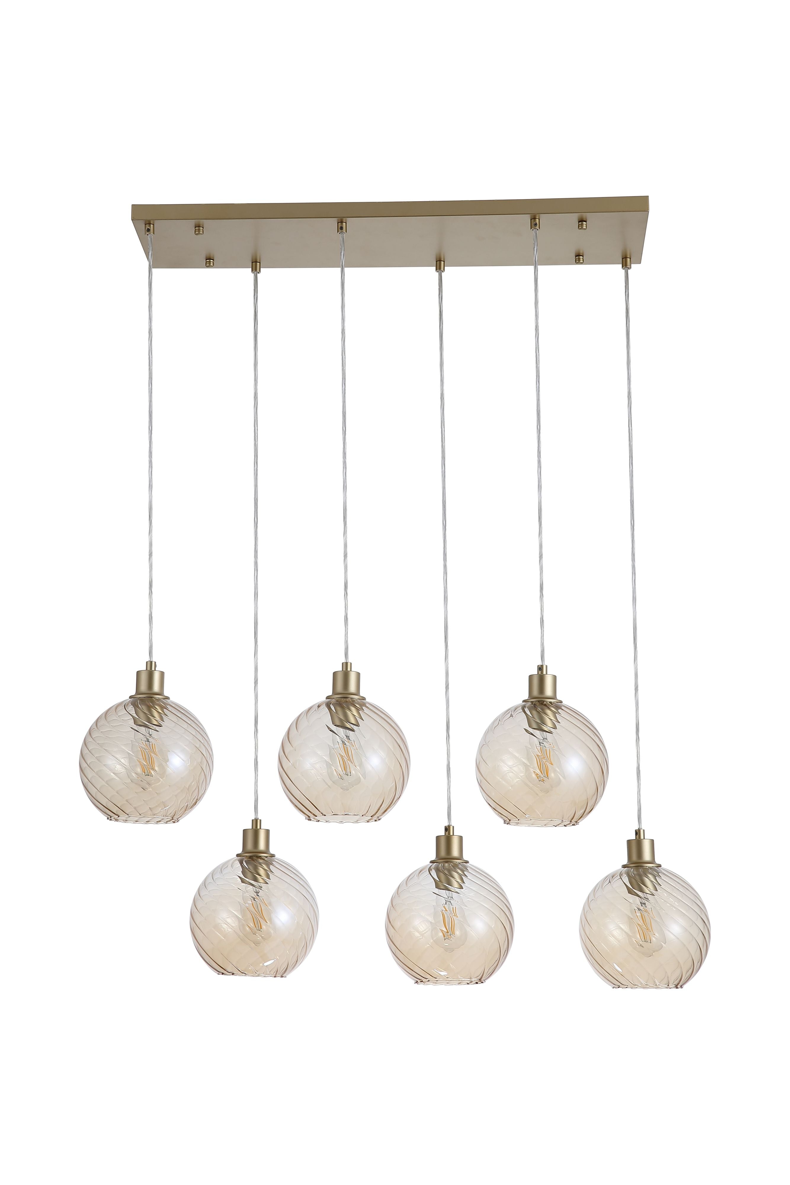 Searchlight Radiance 6 Light Bar Pendant, alternate studio angle showing the six champagne swirled glass globes lit on the gold bar