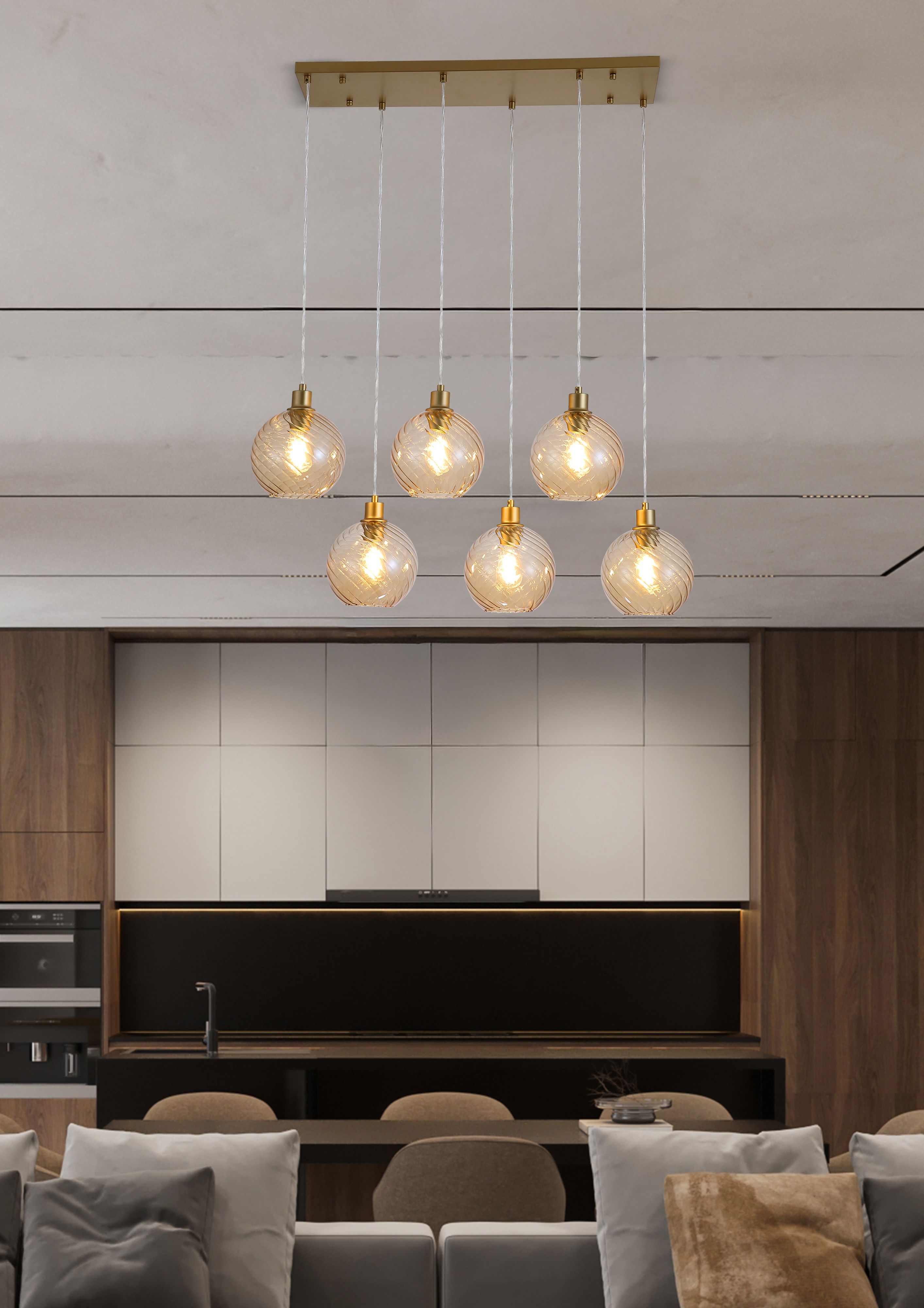 Searchlight Radiance 6 Light Bar Pendant styled above a kitchen island with white cabinetry, six champagne glass globes lit at staggered heights