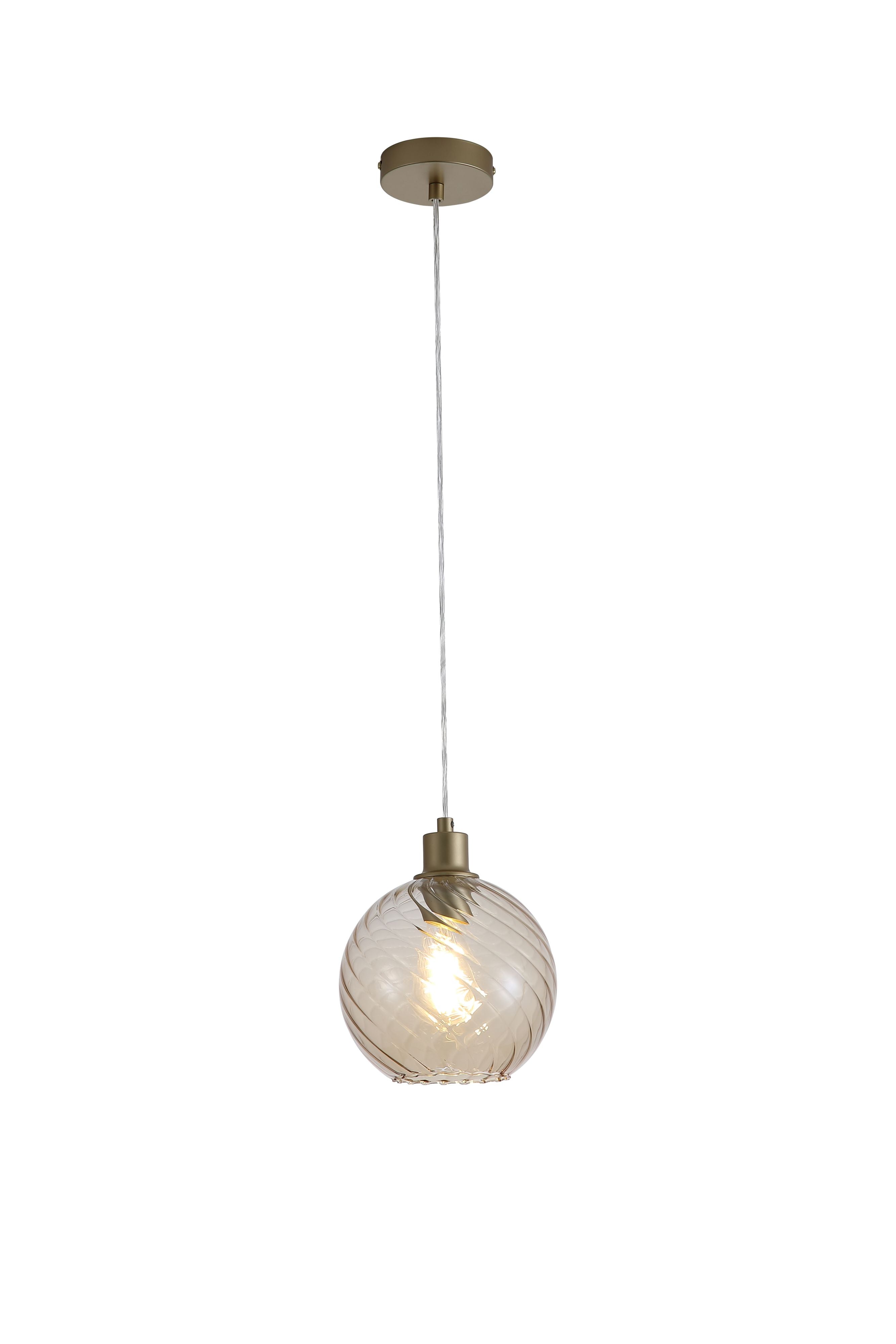 Searchlight Radiance 1 Light Pendant in gold with champagne glass, full studio shot of the lit single swirl textured globe shade on its cord