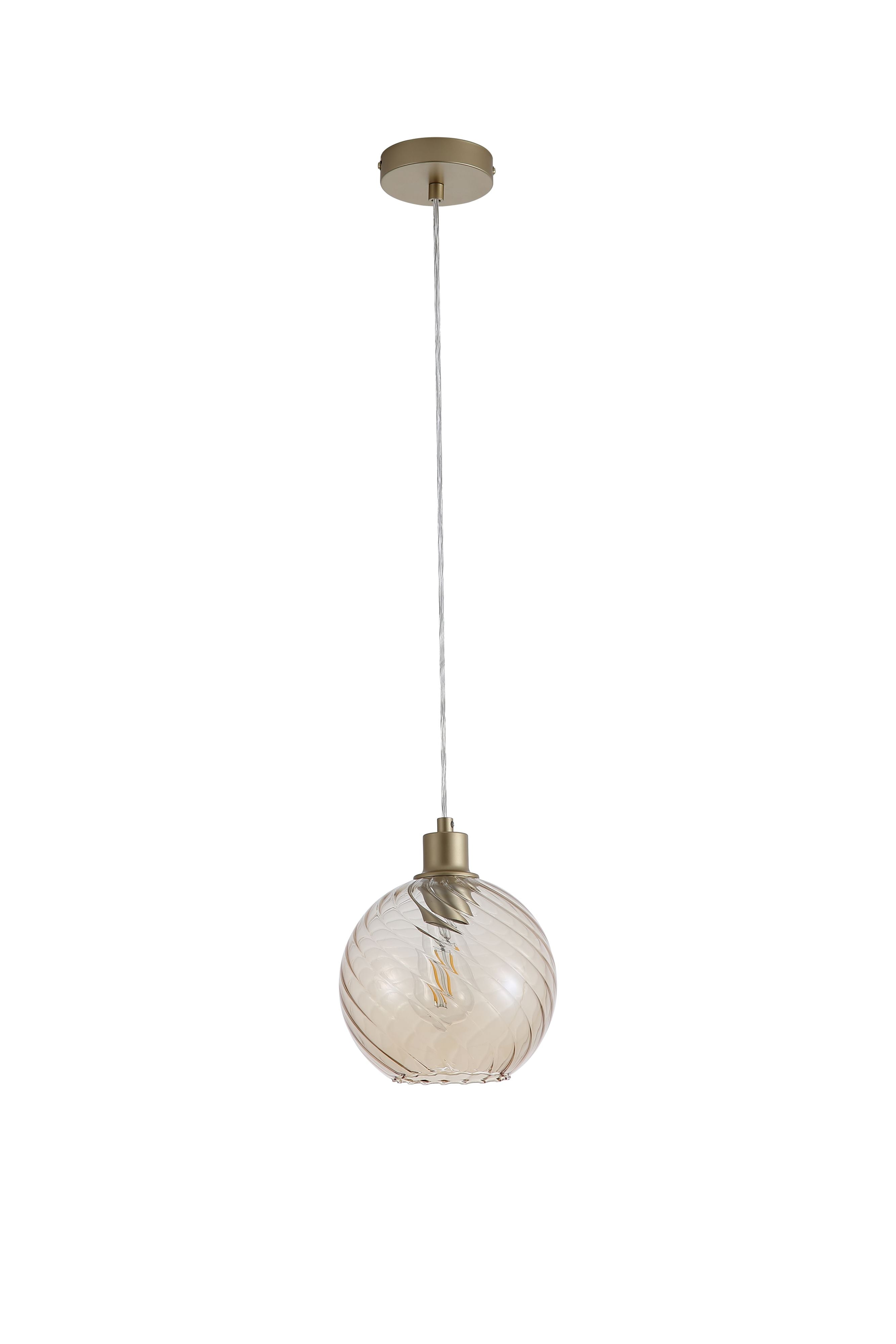 Searchlight Radiance 1 Light Pendant in gold with champagne glass, alternate studio angle of the lit pendant