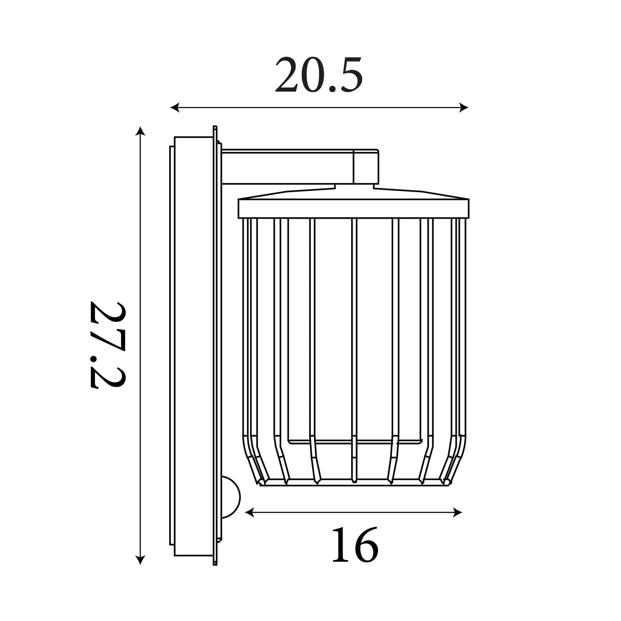 Technical line drawing of the Reed 1 Light Wall Light with PIR showing a height of 27.2cm, width of 20.5cm and 16cm projection from the wall.