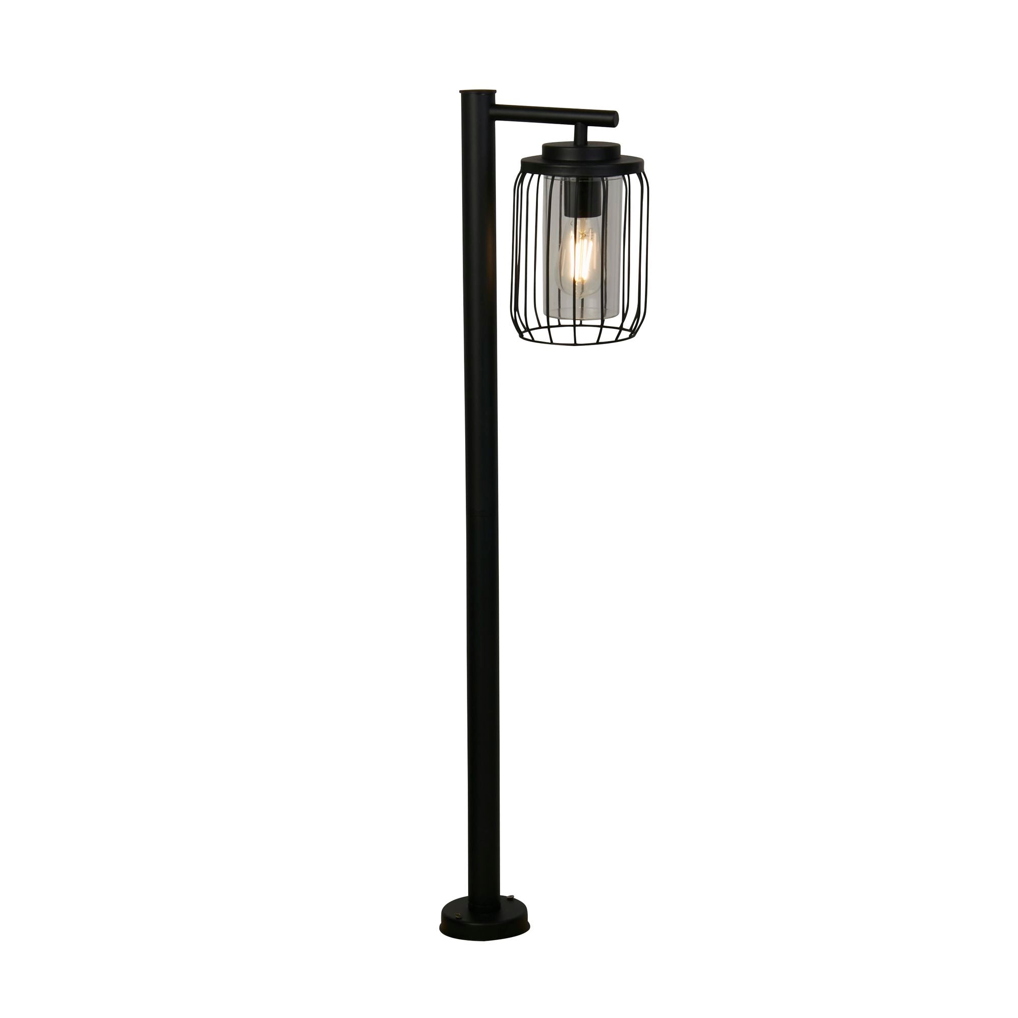 Reed 1 Light Post Light in black, full length view of the slim post with the wire cage lantern head lit at the top.