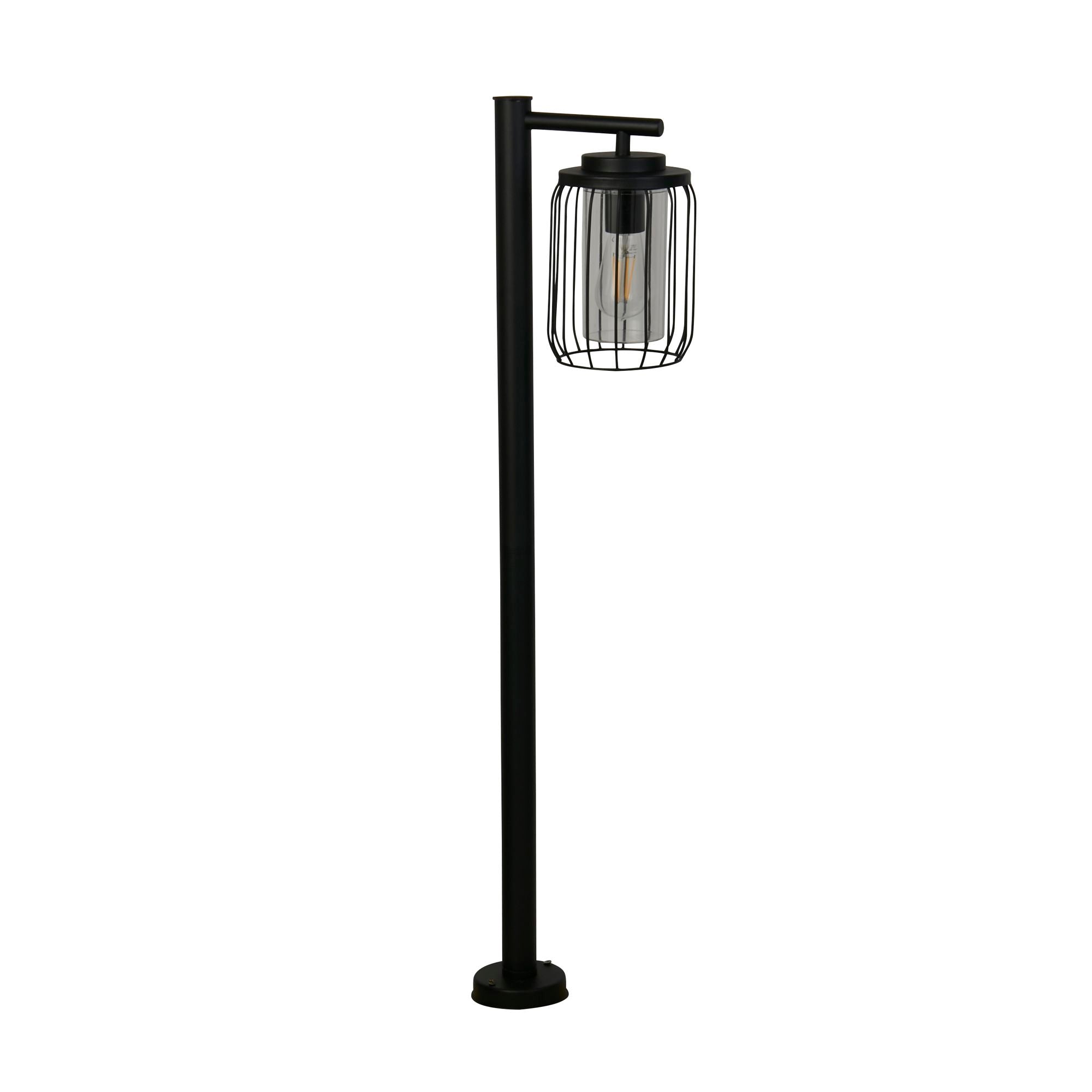 Reed 1 Light Post Light in black, alternate angle of the full post and lit wire cage lantern head.