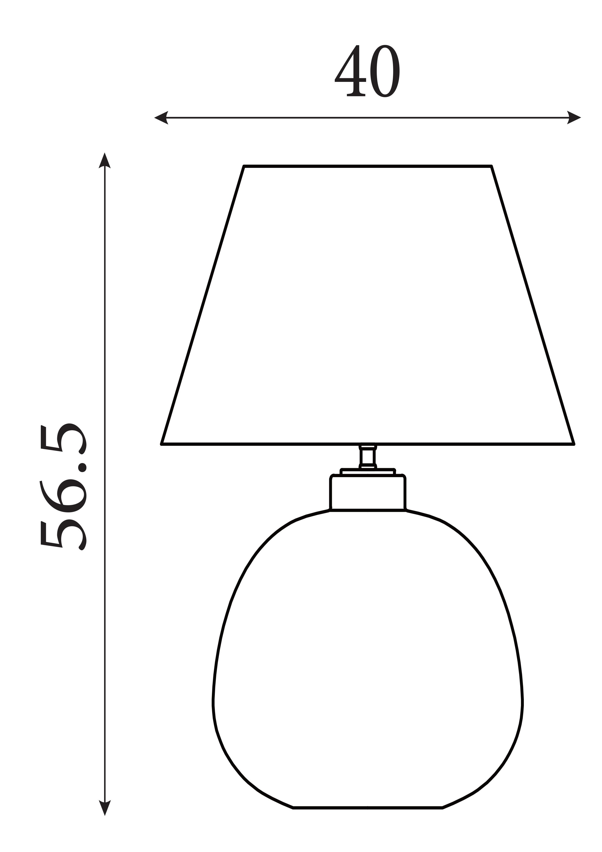 Technical line drawing of the Zenith table lamp showing a 40cm width and 56.5cm total height including the shade