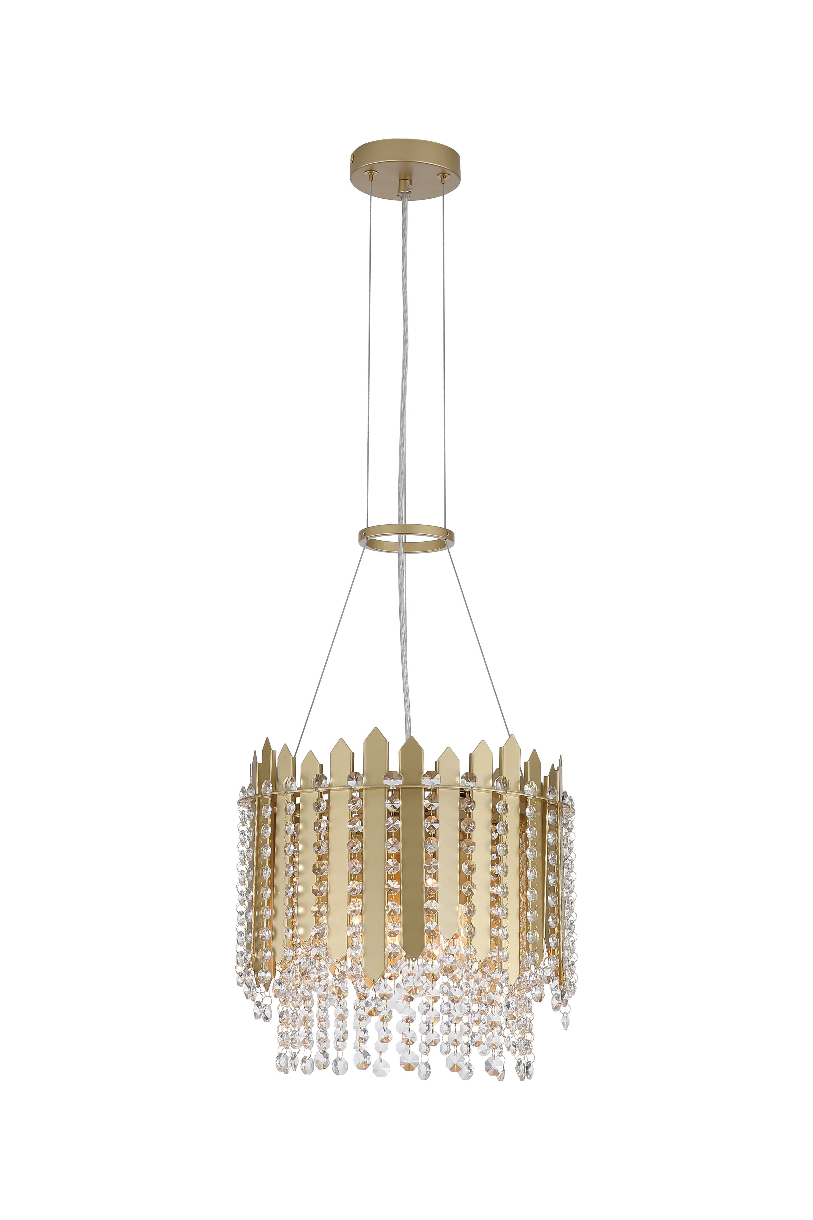 Searchlight Spear 5 Light Pendant in gold with clear crystal, full length view on a white background showing the gold ceiling rose, suspension cables and adjustable ring