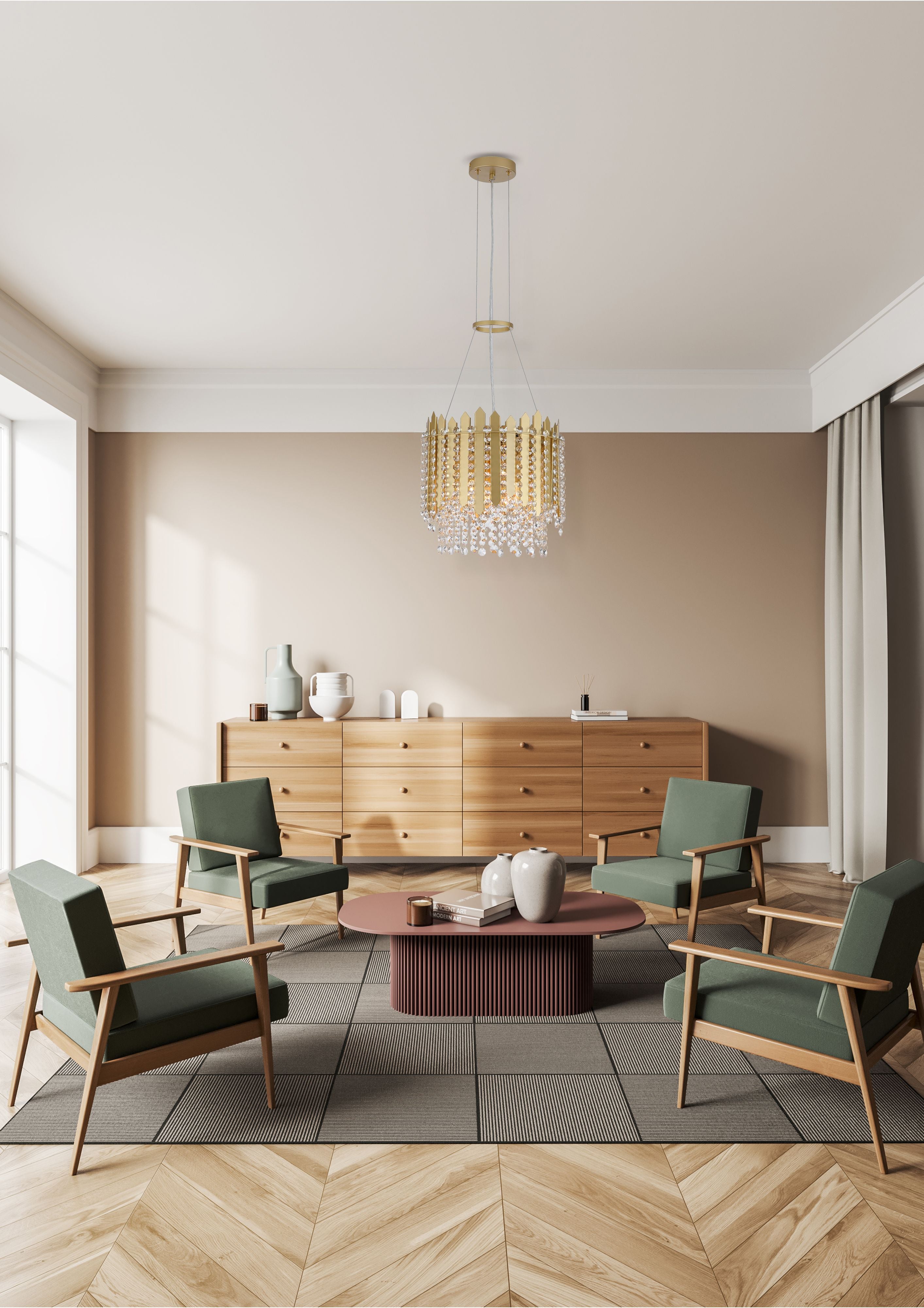 Searchlight Spear 5 Light Pendant in gold with clear crystal, styled above a pink coffee table between green armchairs in a mid century style living room