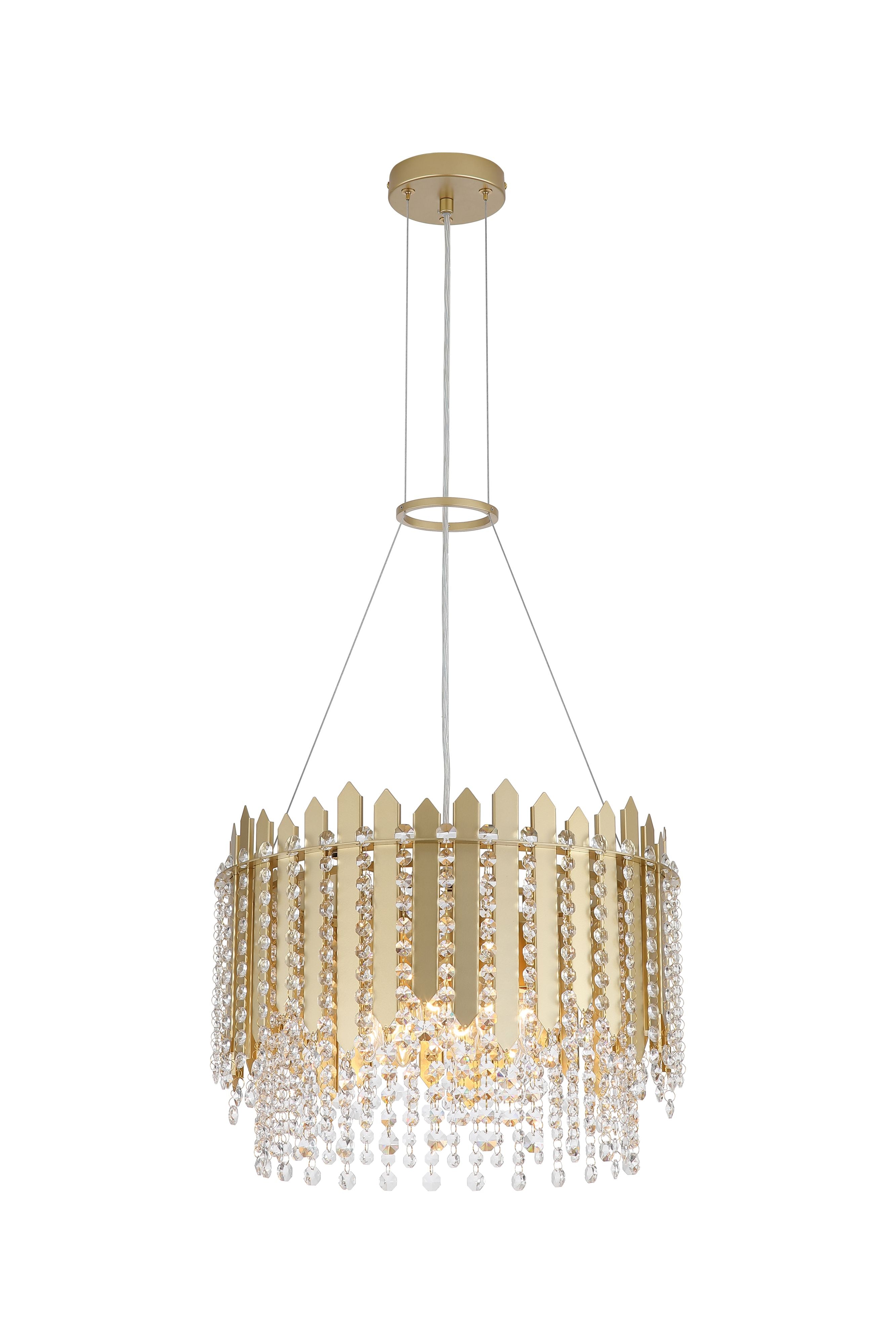 Searchlight Spear 8 Light Pendant in gold with clear crystal, full length view on a white background showing the gold ceiling rose, suspension cables and adjustable ring