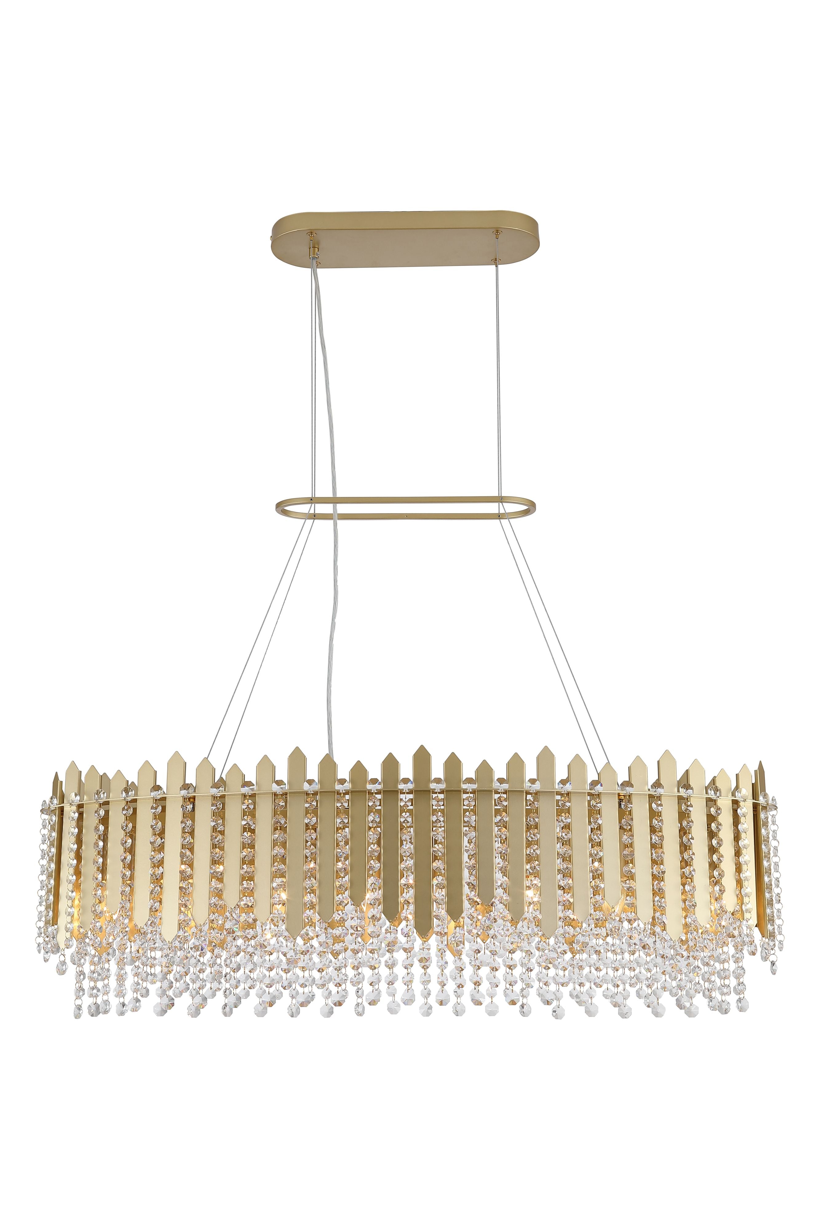 Searchlight Spear 8 Light Diner Bar Pendant in gold with clear crystal, full length front view on a white background showing the oval ceiling plate and suspension cables