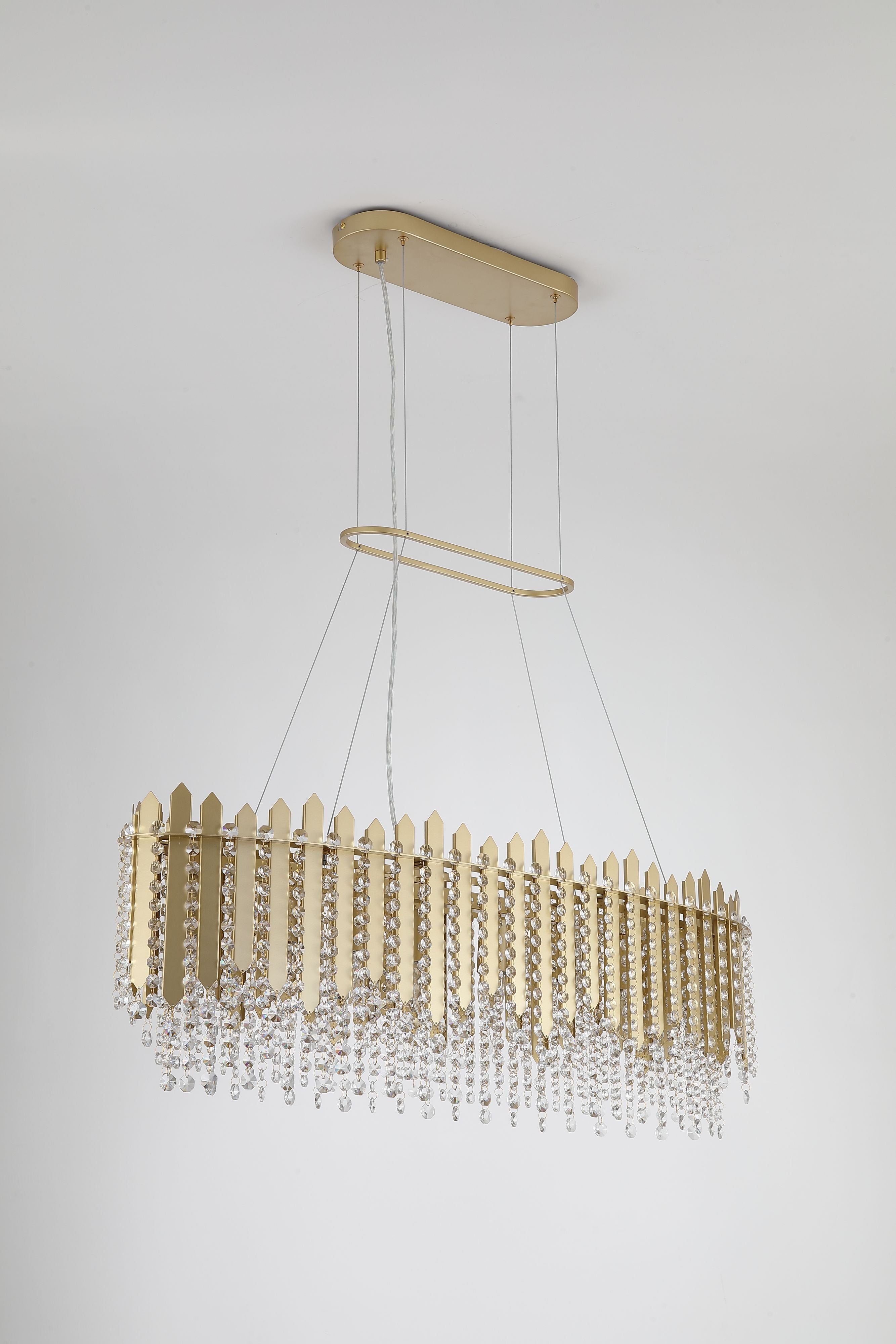 Searchlight Spear 8 Light Diner Bar Pendant in gold with clear crystal, angled view showing the length of the linear crown shaped bar and crystal cascade